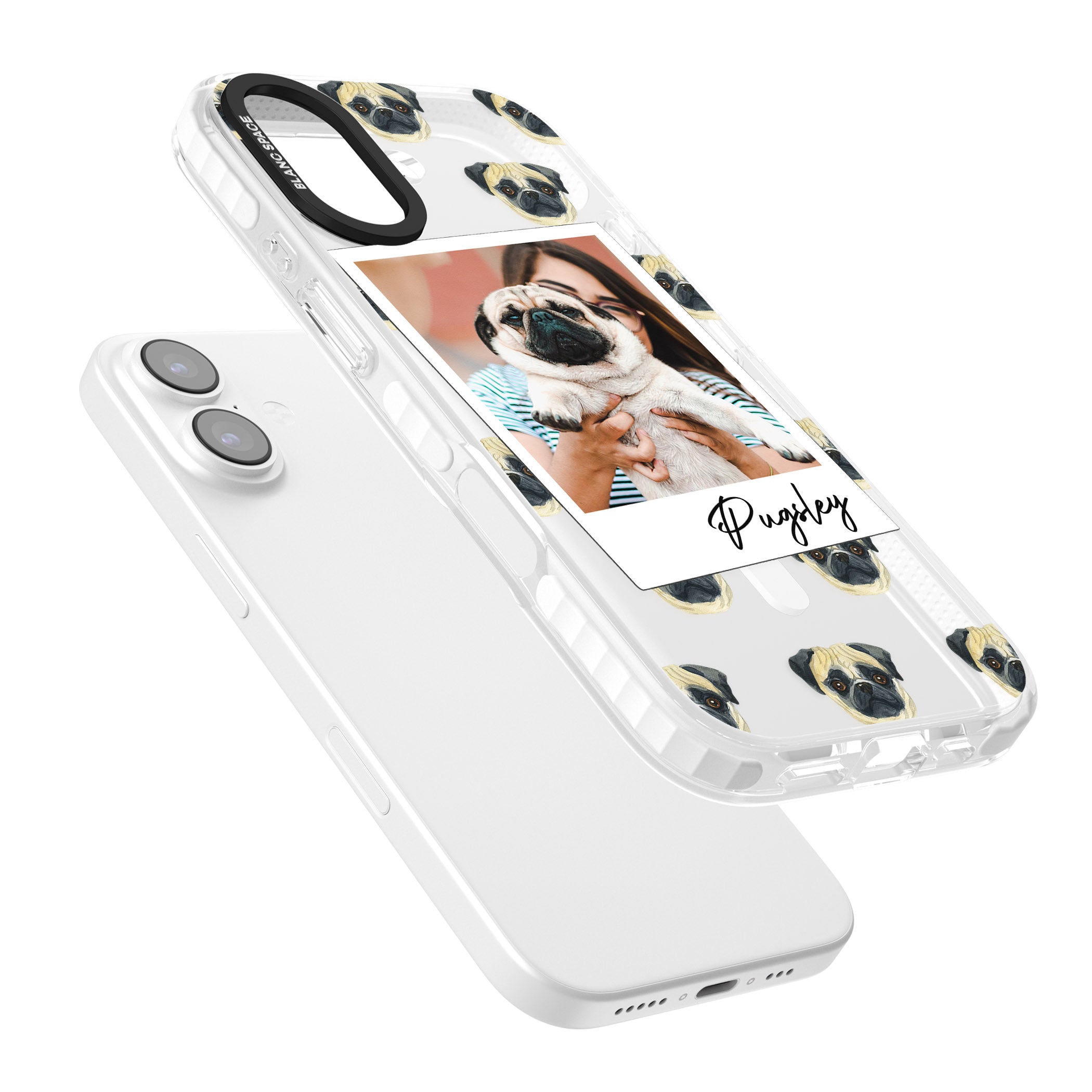 Personalised Pug Instant Camera Photo iPhone 17 Impact Pro Clear Phone Case Colours