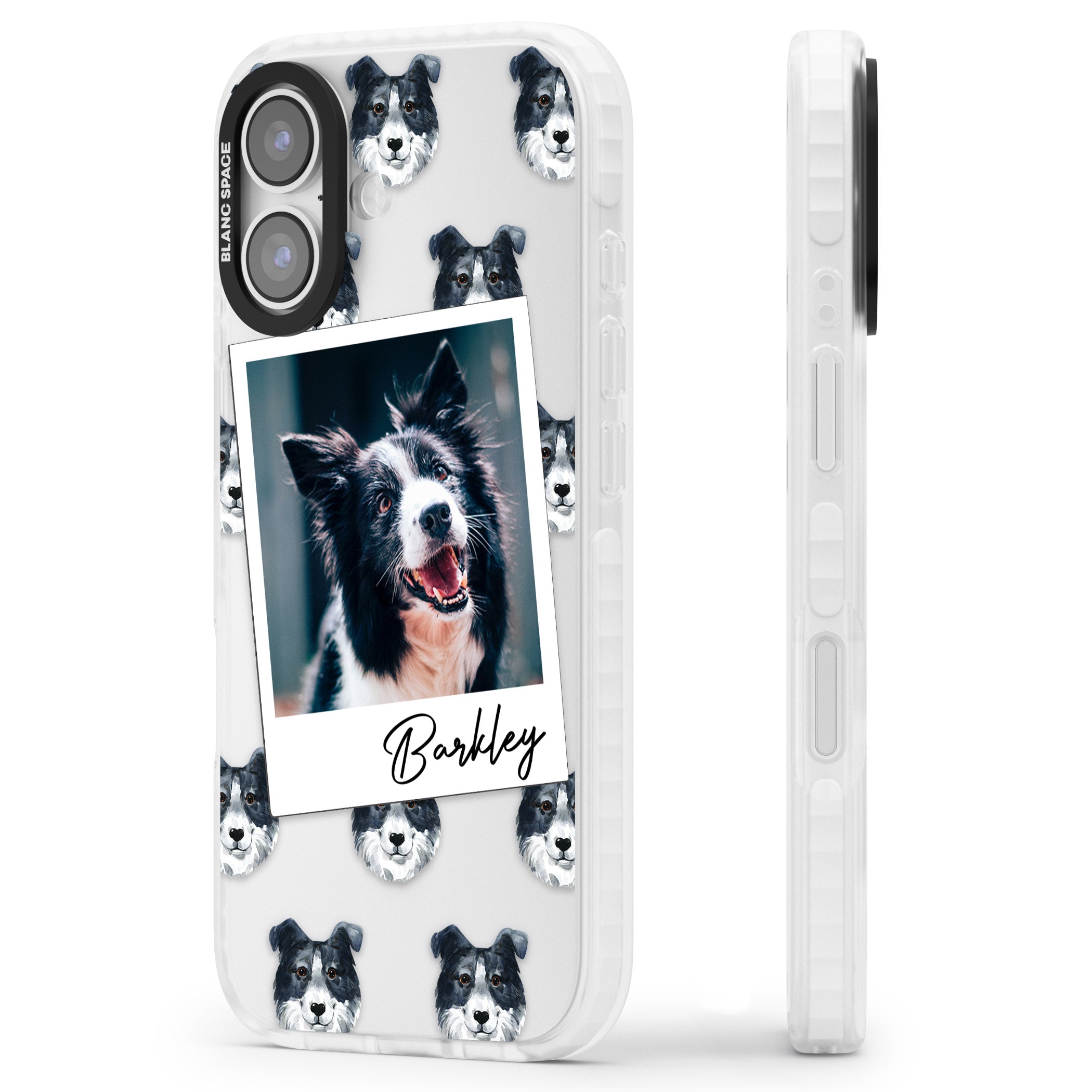 Personalised Border Collie Instant Camera Photo iPhone 17 Impact Pro Clear Phone Case Side Profile