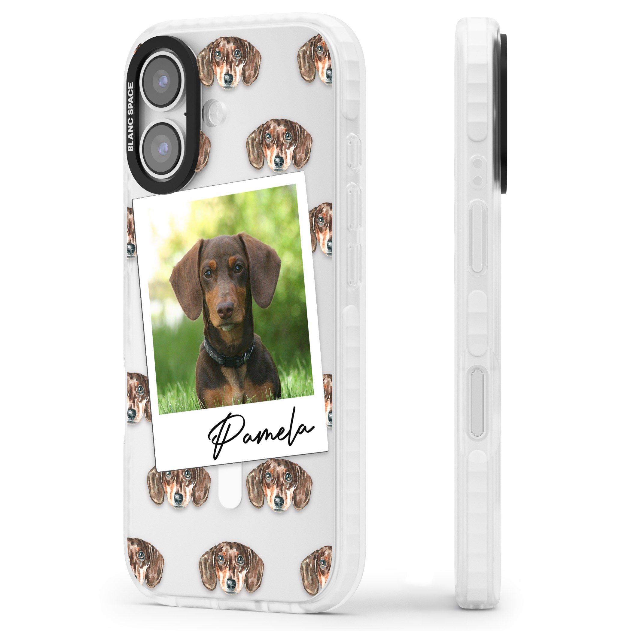 Personalised Brown Dachshund Instant Camera Photo iPhone 17 Impact Pro Clear Phone Case Side Profile