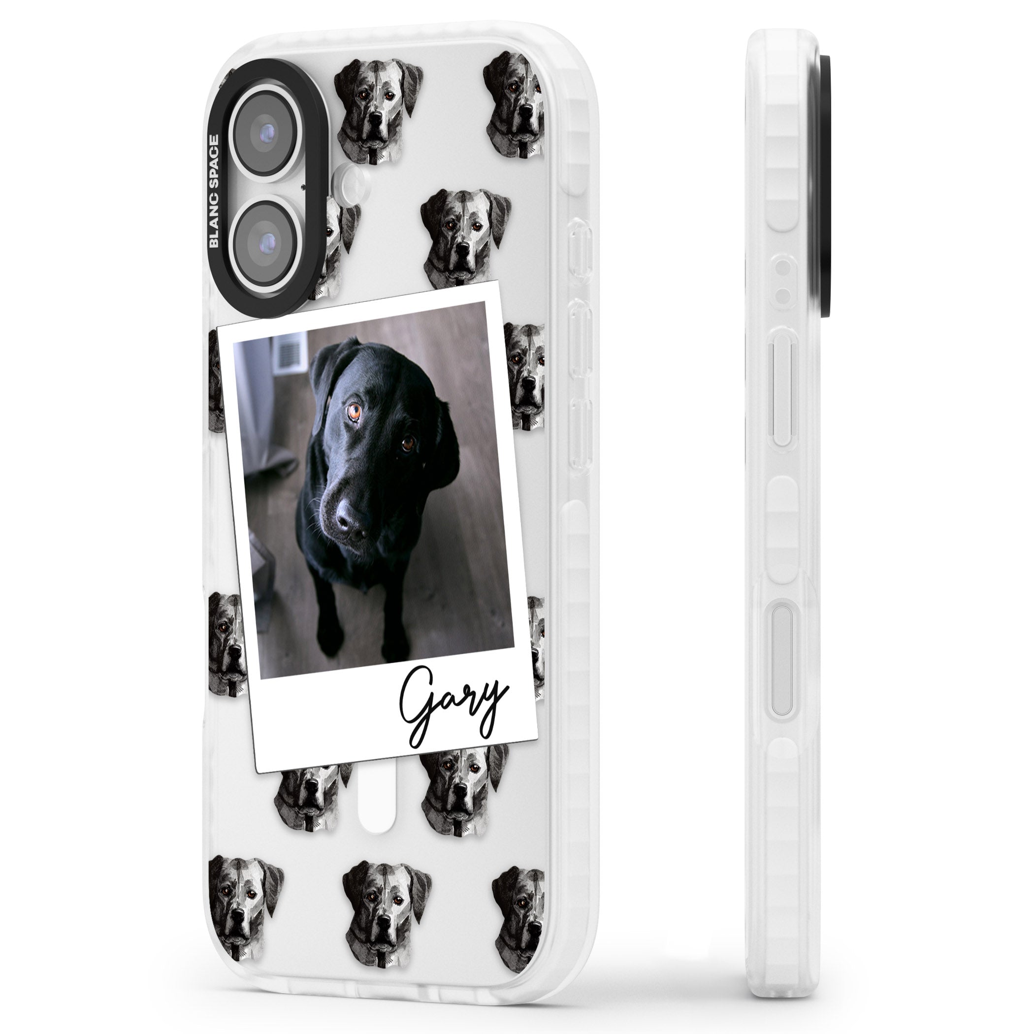 Personalised Black Labrador Instant Camera Photo iPhone 17 Impact Pro Clear Phone Case Side Profile