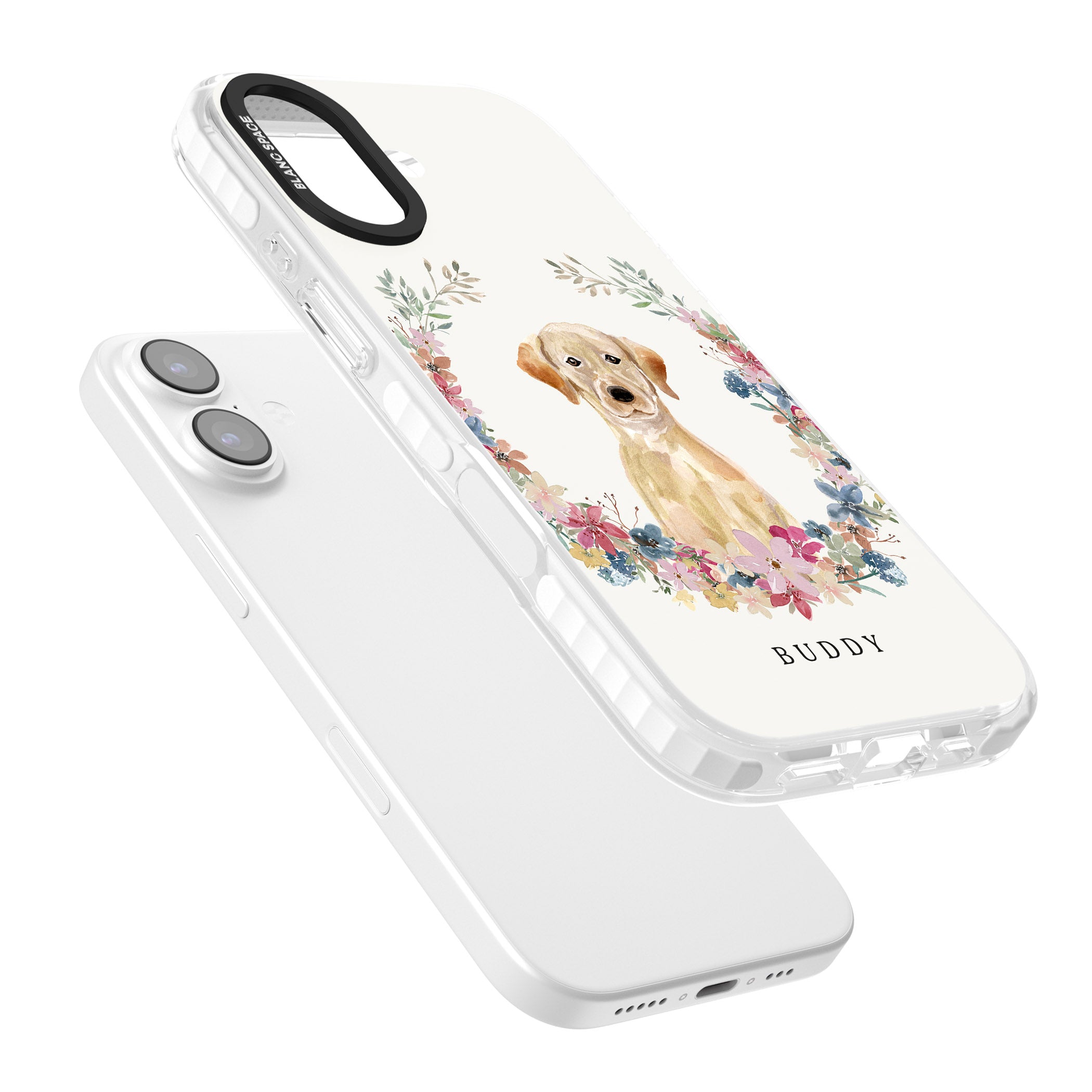 Personalised Yellow Labrador Retriever Floral Portrait iPhone 17 Impact Pro Clear Phone Case Colours