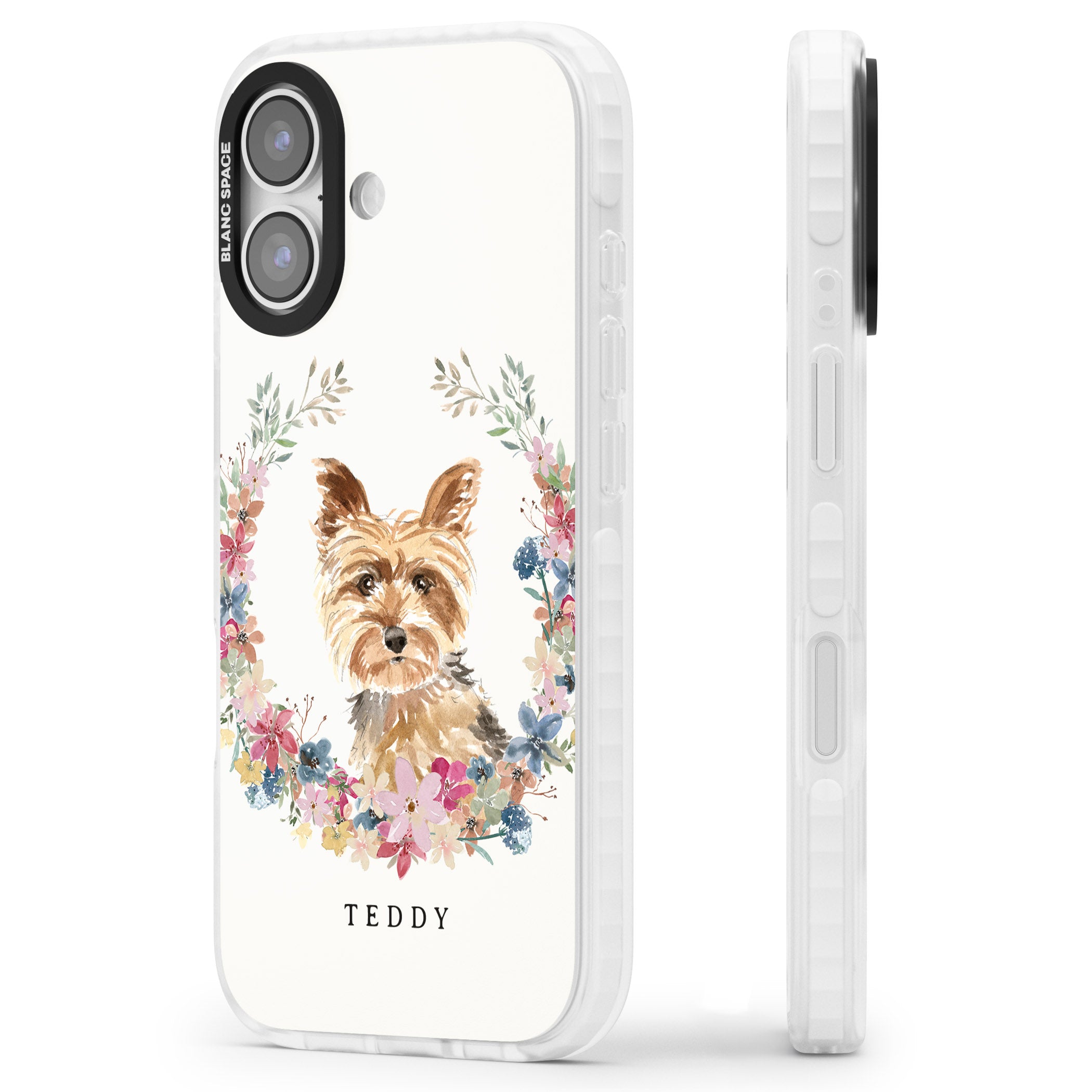 Personalised Yorkshire Terrier Floral Portrait iPhone 17 Impact Pro Clear Phone Case Side Profile