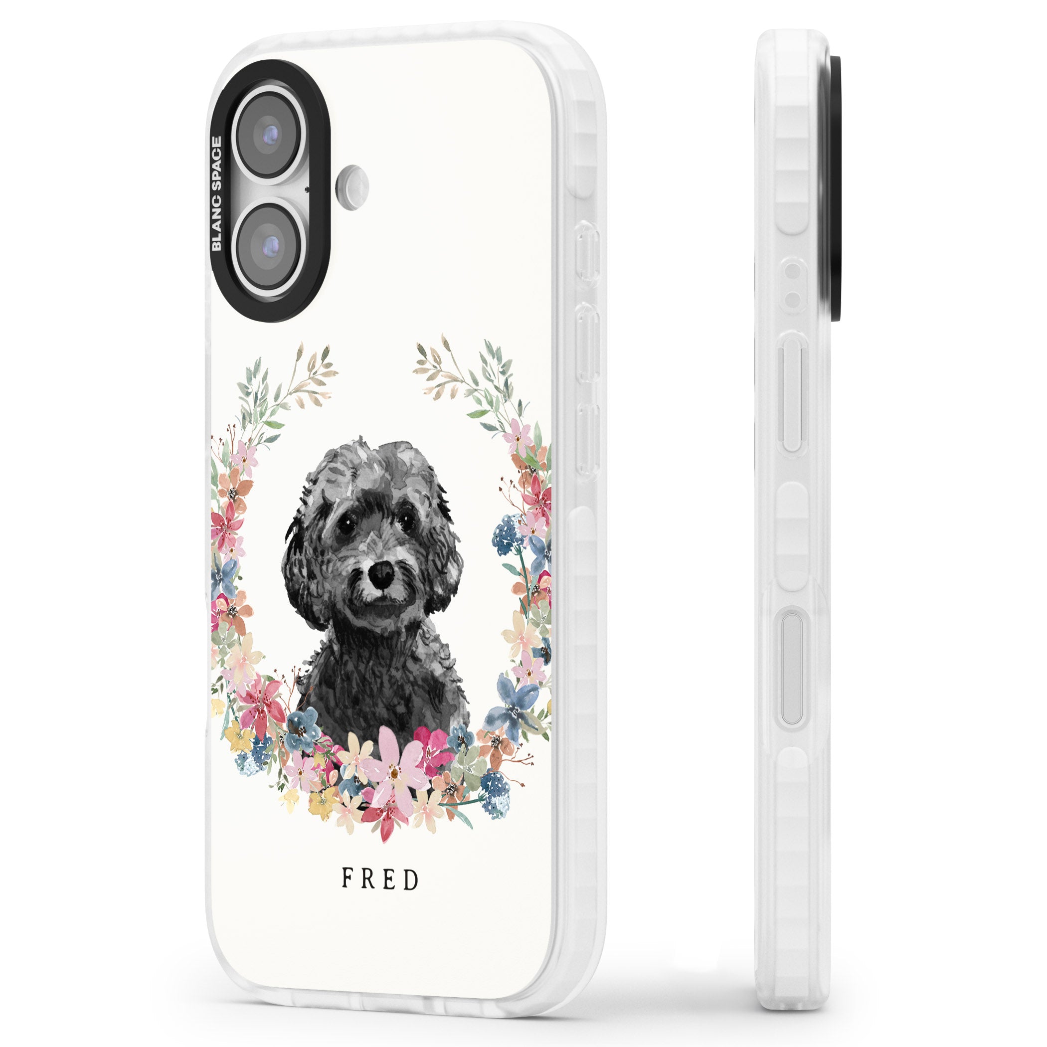 Personalised Black Cockapoo Floral Portrait iPhone 17 Impact Pro Clear Phone Case Side Profile