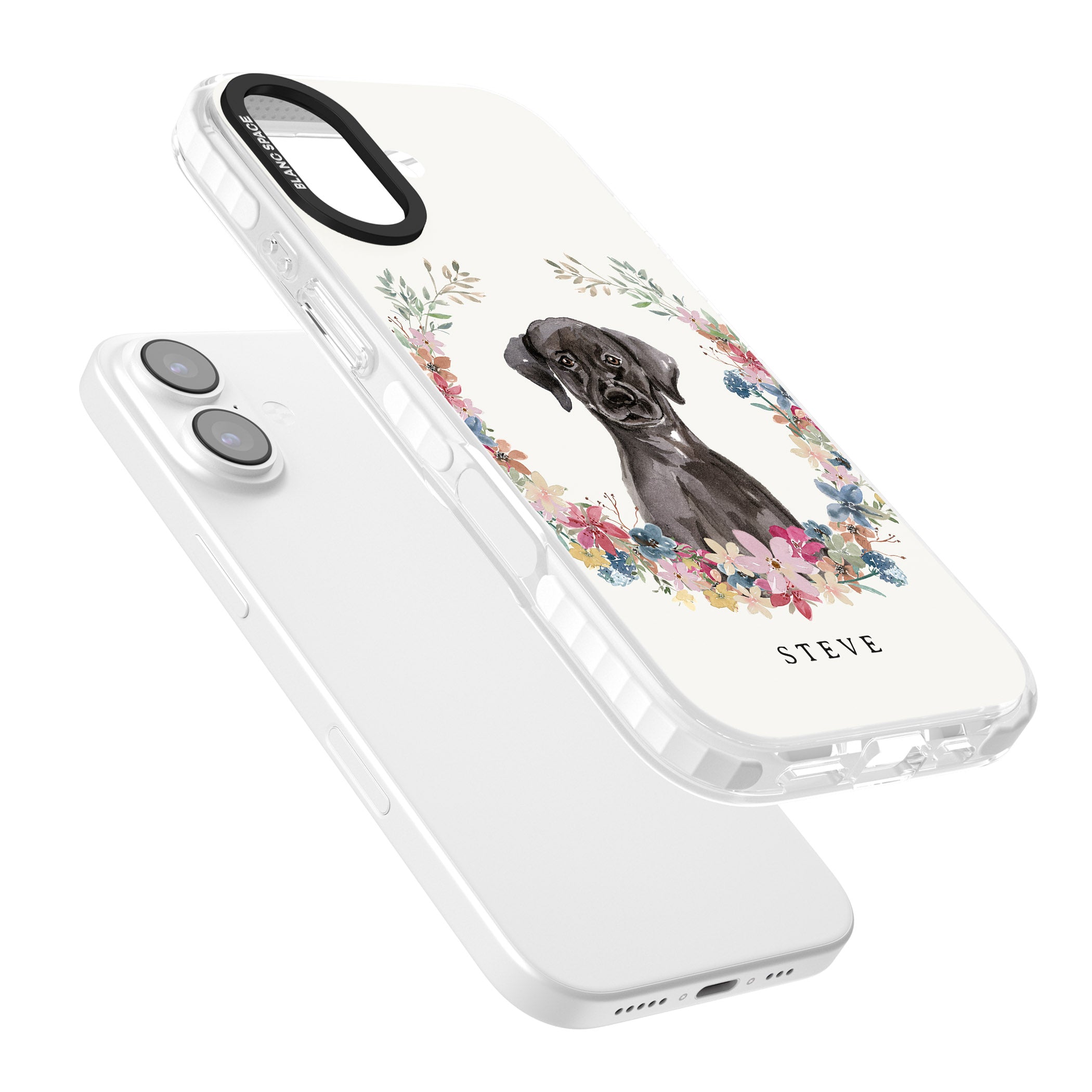 Personalised Black Labrador Floral Portrait iPhone 17 Impact Pro Clear Phone Case Colours