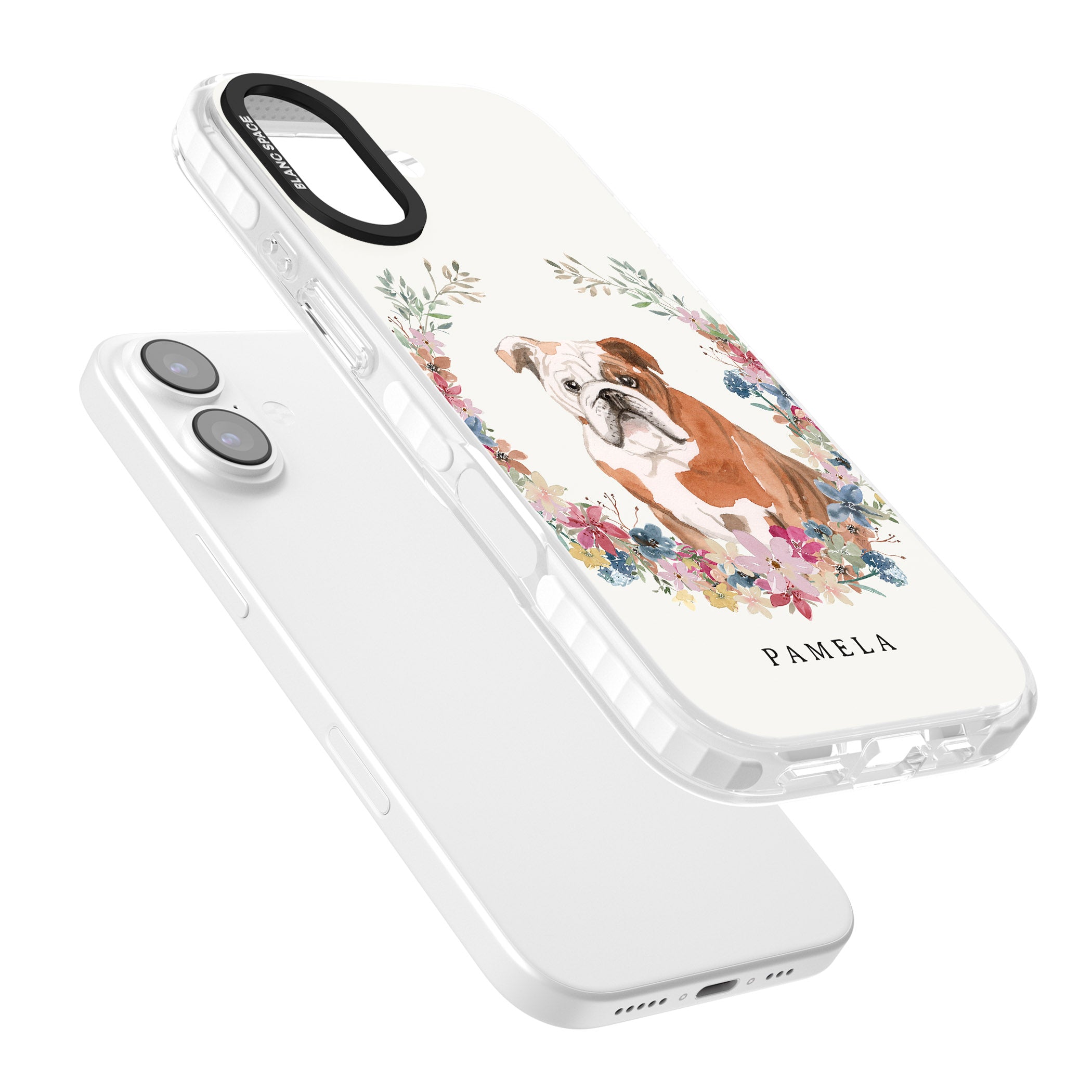 Personalised English Bulldog Floral Portrait iPhone 17 Impact Pro Clear Phone Case Colours