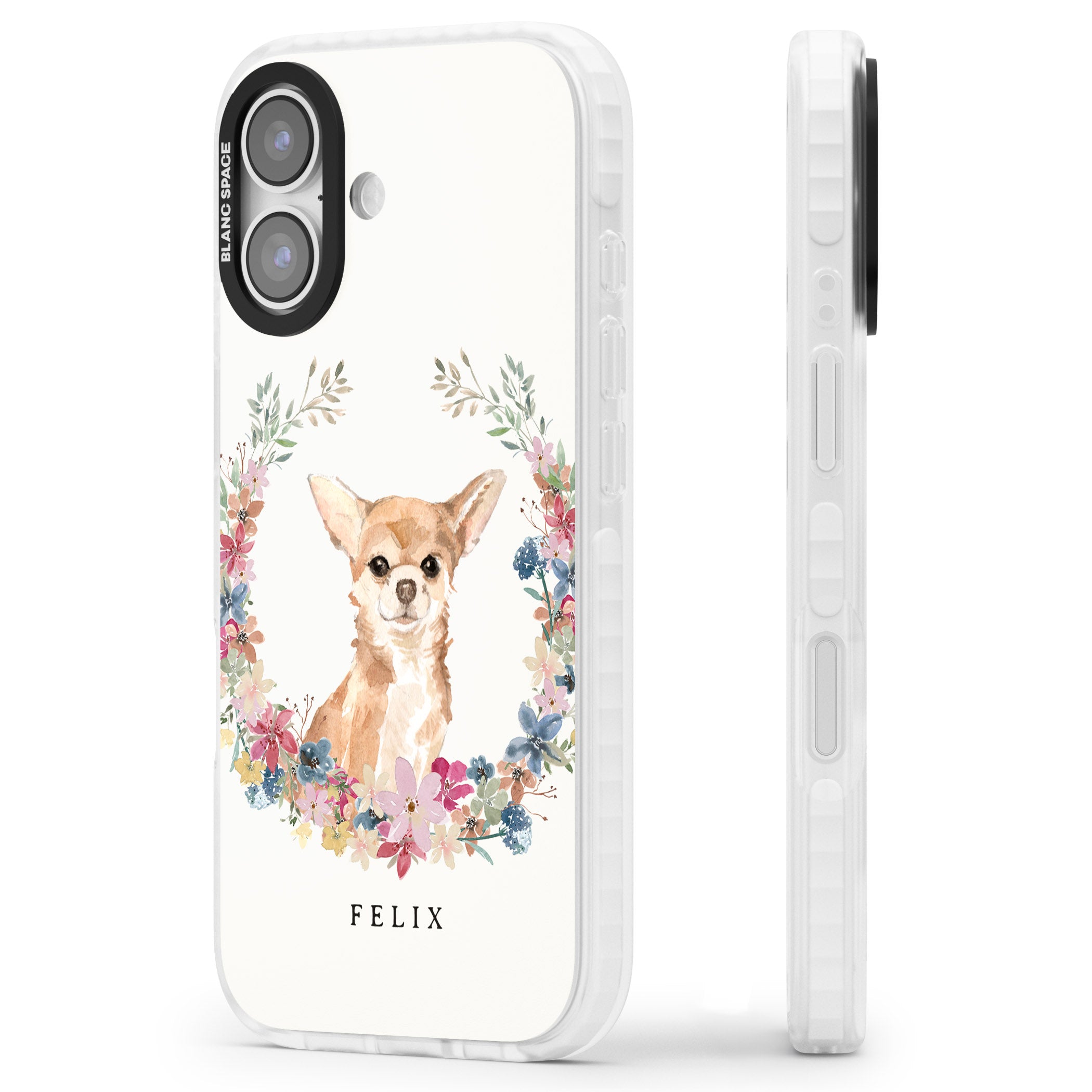 Personalised Chihuahua Floral Portrait iPhone 17 Impact Pro Clear Phone Case Side Profile