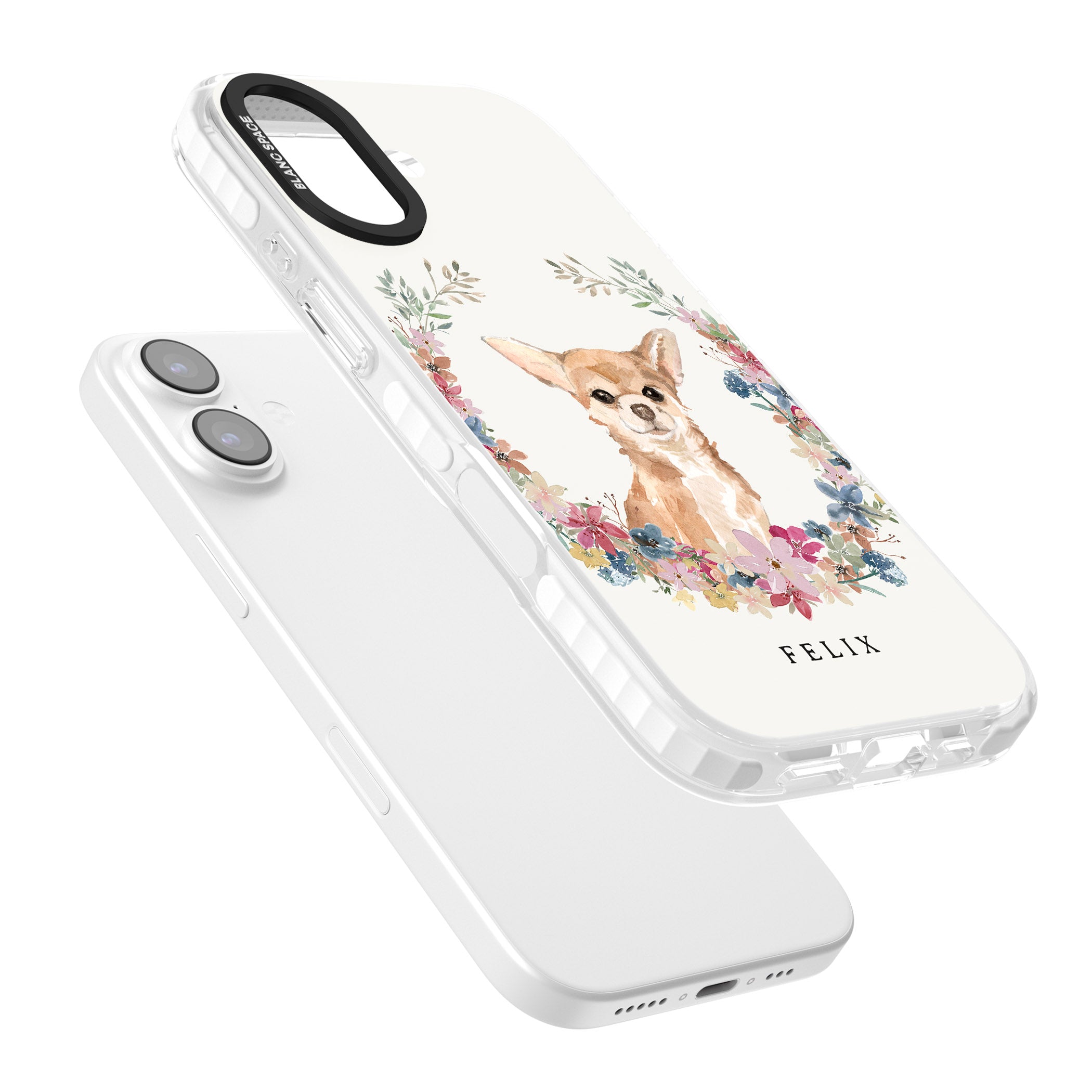 Personalised Chihuahua Floral Portrait iPhone 17 Impact Pro Clear Phone Case Colours