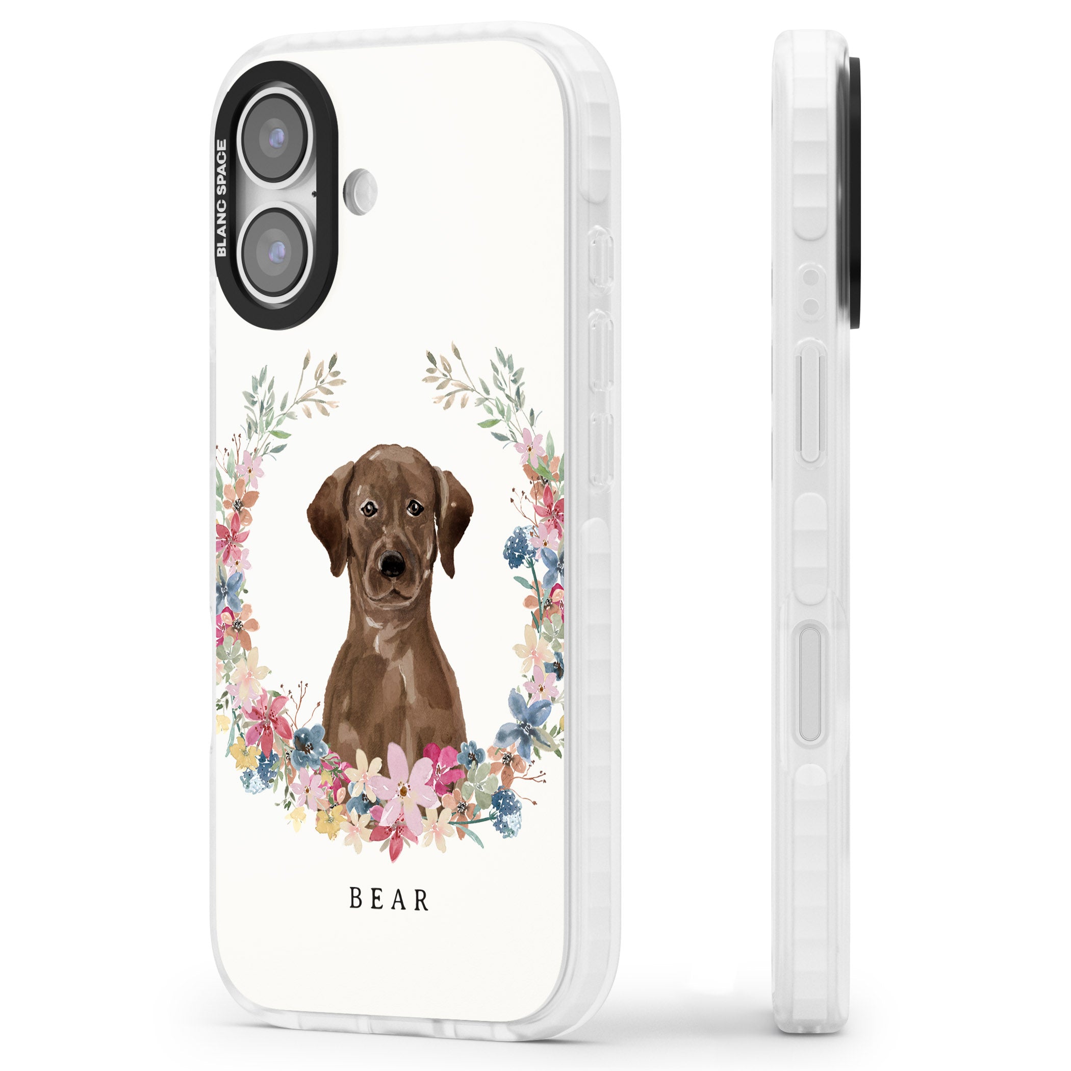 Personalised Chocolate Labrador Floral Portrait iPhone 17 Impact Pro Clear Phone Case Side Profile