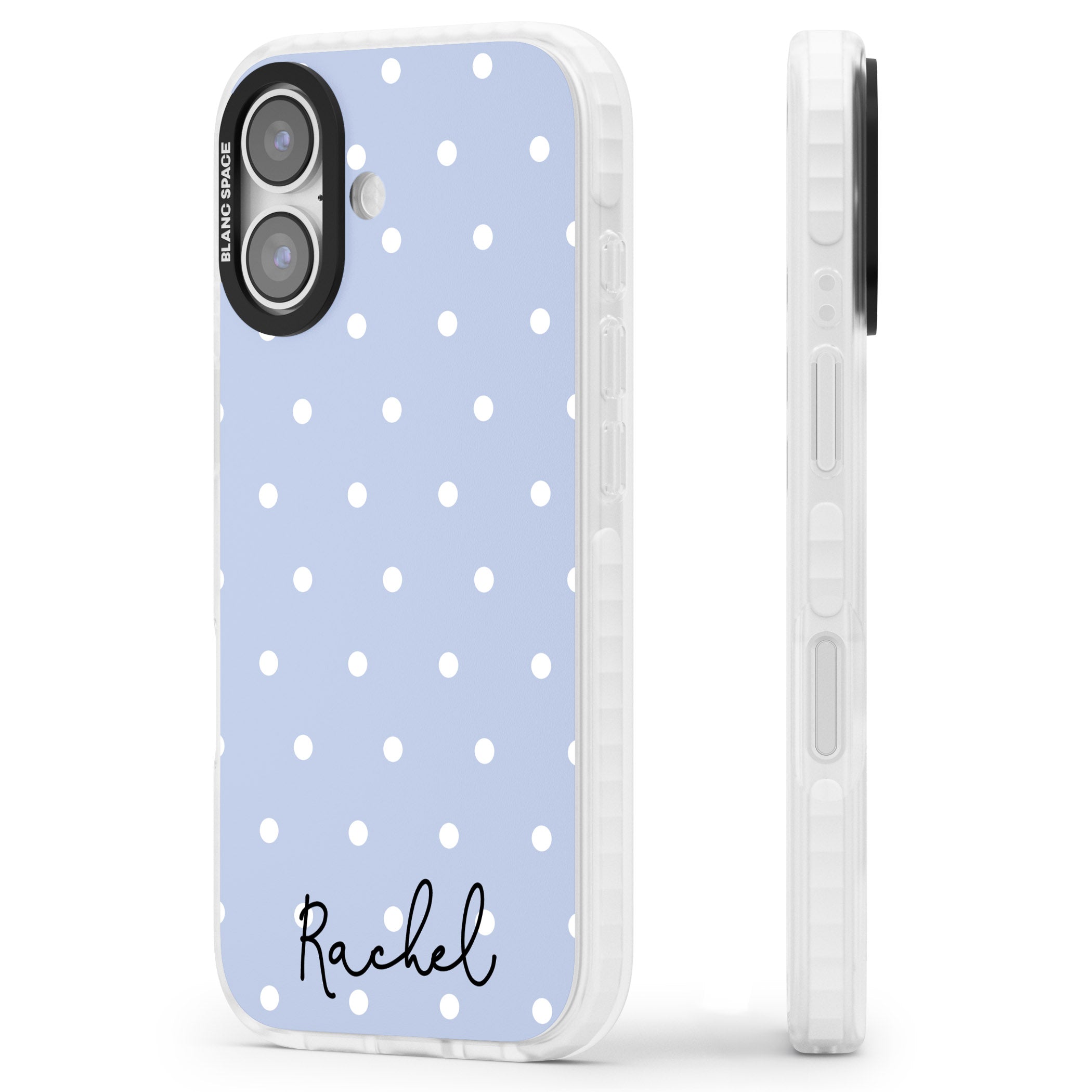 Personalised Simple Light Blue Dots iPhone 17 Impact Pro Clear Phone Case Side Profile
