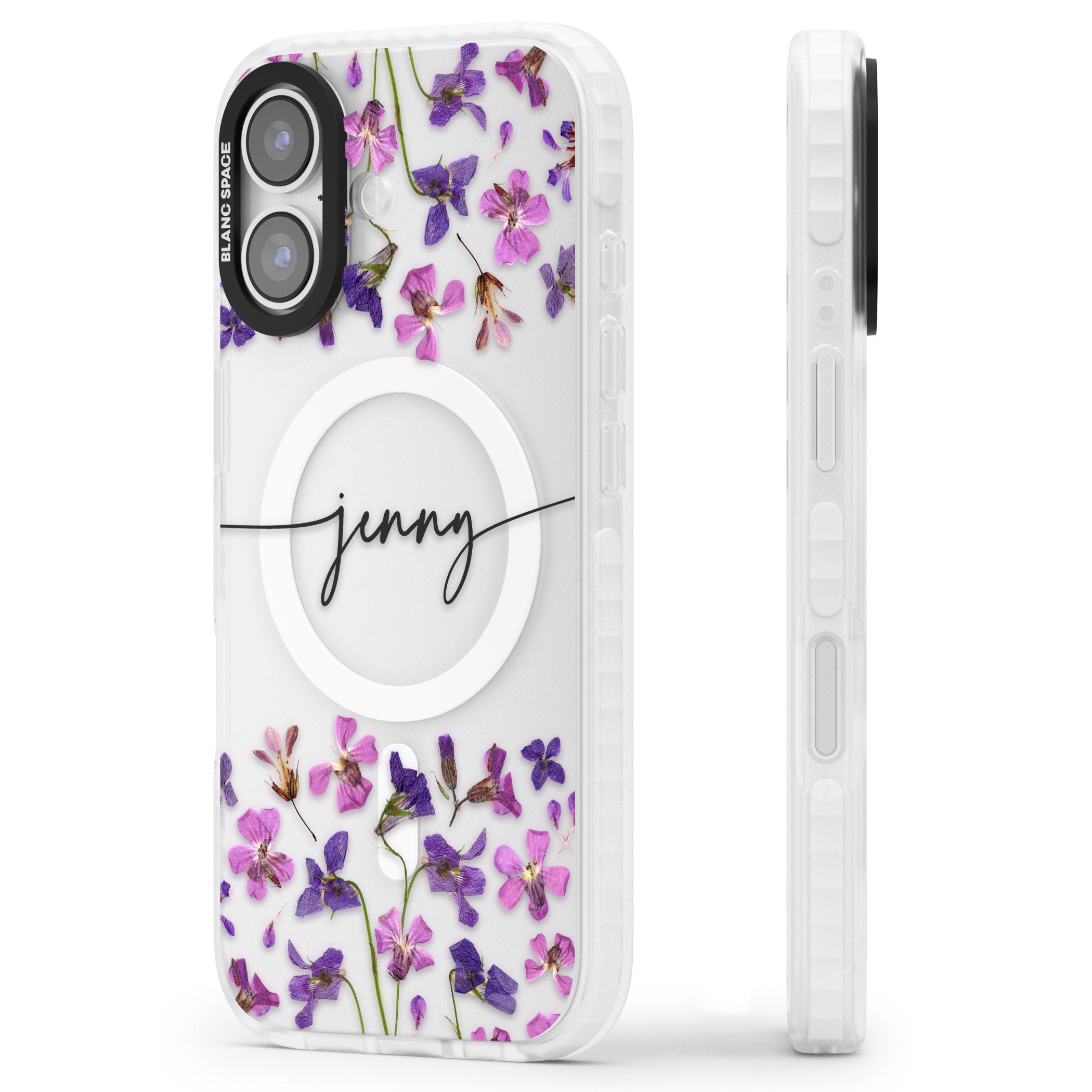 Personalised Purple Violets iPhone 17 Impact Pro Clear Phone Case Side Profile