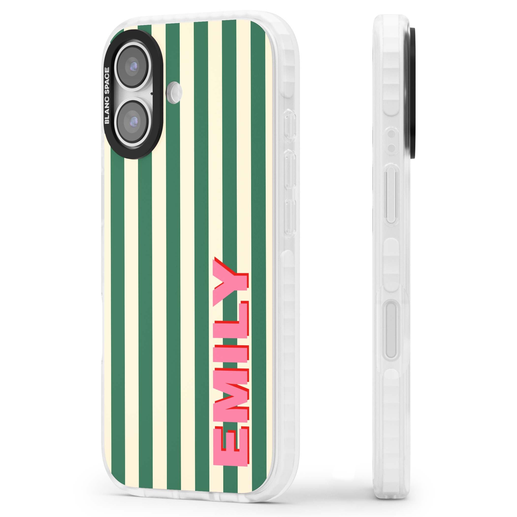 Wimbledon Stripe preppy iPhone case featuring green and cream vertical stripes with a personalised pink name | Impact Magsafe case for iPhone 17