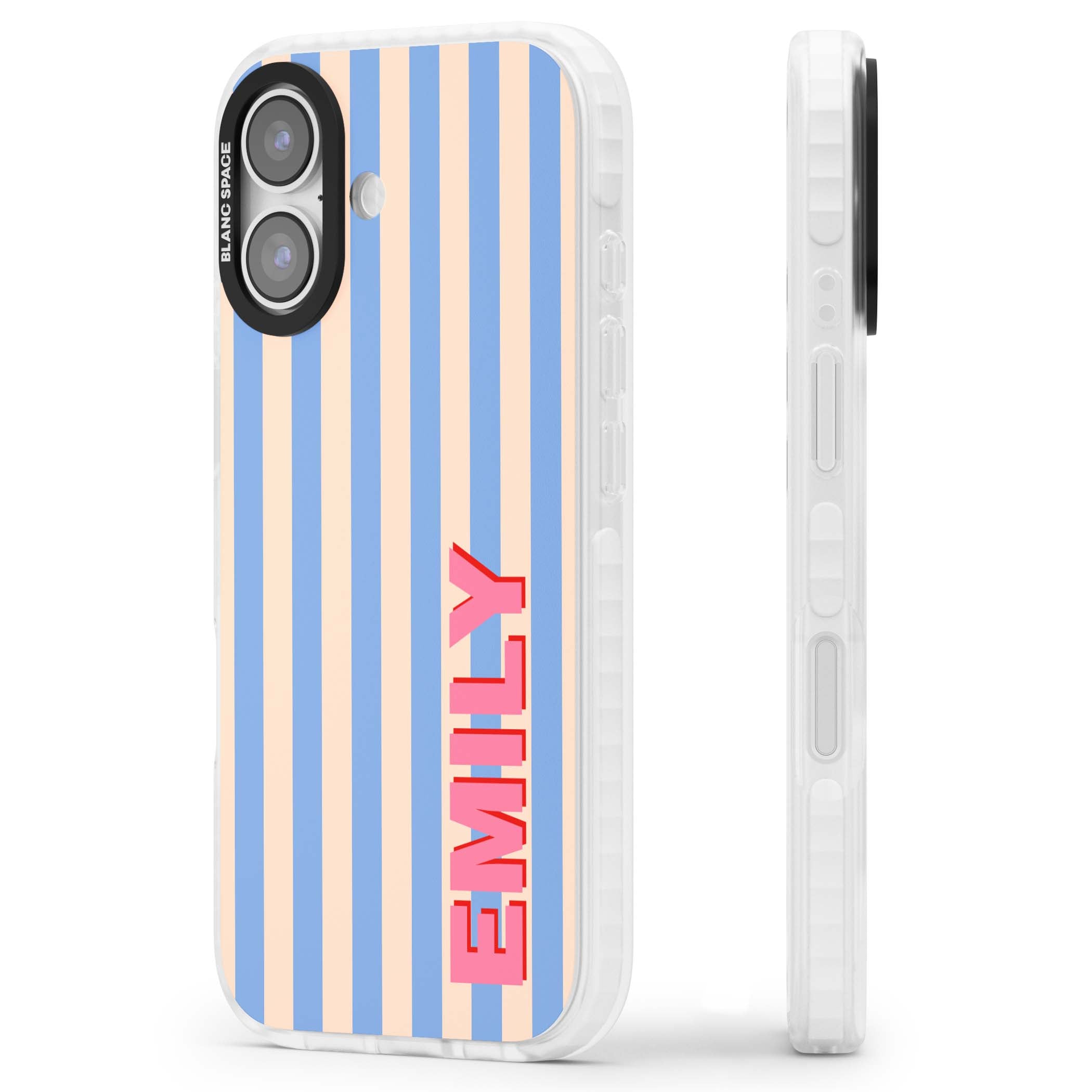 Coastal Stripe personalised coastal iPhone case with blue and peach vertical stripes and custom pink name | Impact Magsafe case for iPhone 17
