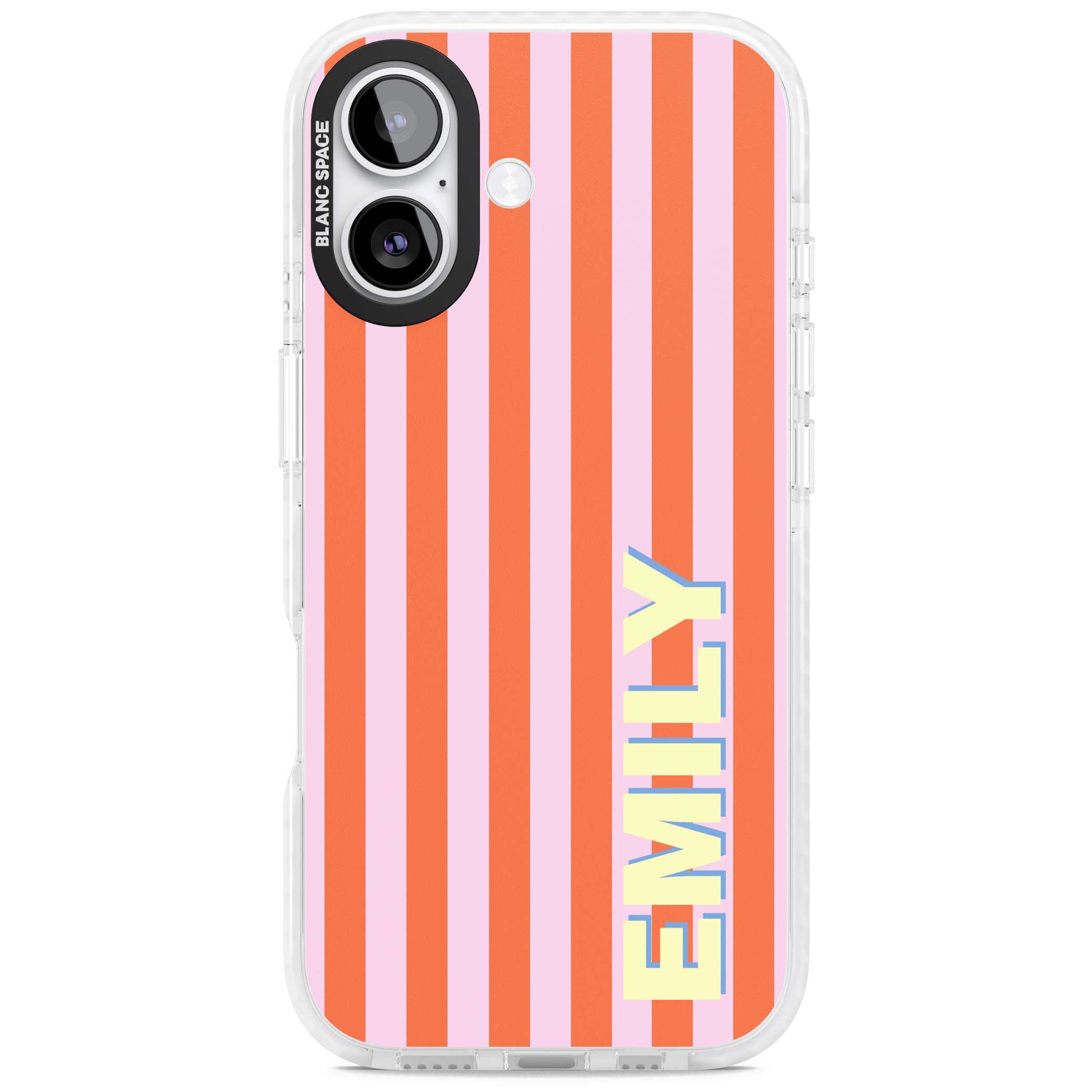 Havana Stripe personalised iPhone case featuring pink and orange vertical stripes with a custom yellow name | Impact Magsafe case for iPhone 17