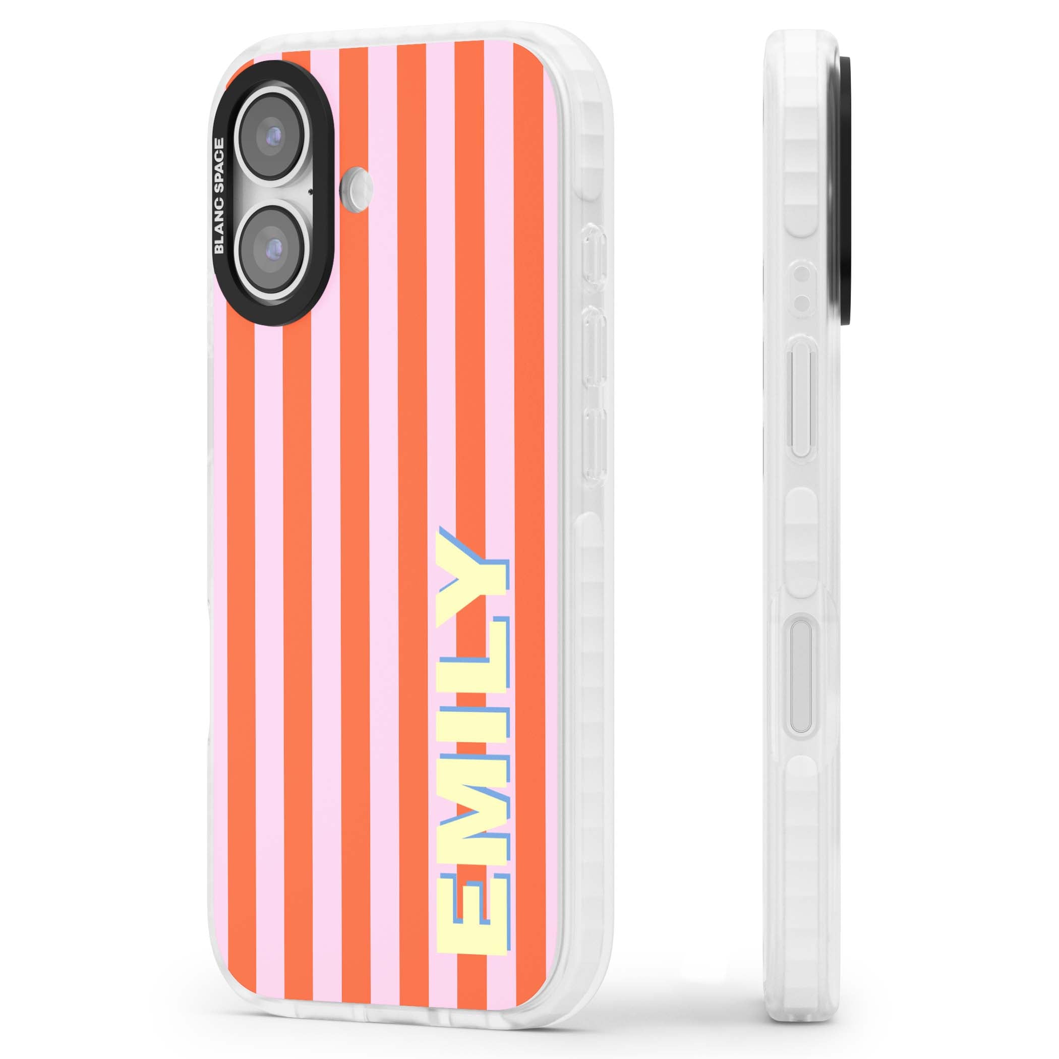 Havana Stripe personalised iPhone case featuring pink and orange vertical stripes with a custom yellow name | Impact Magsafe case for iPhone 17
