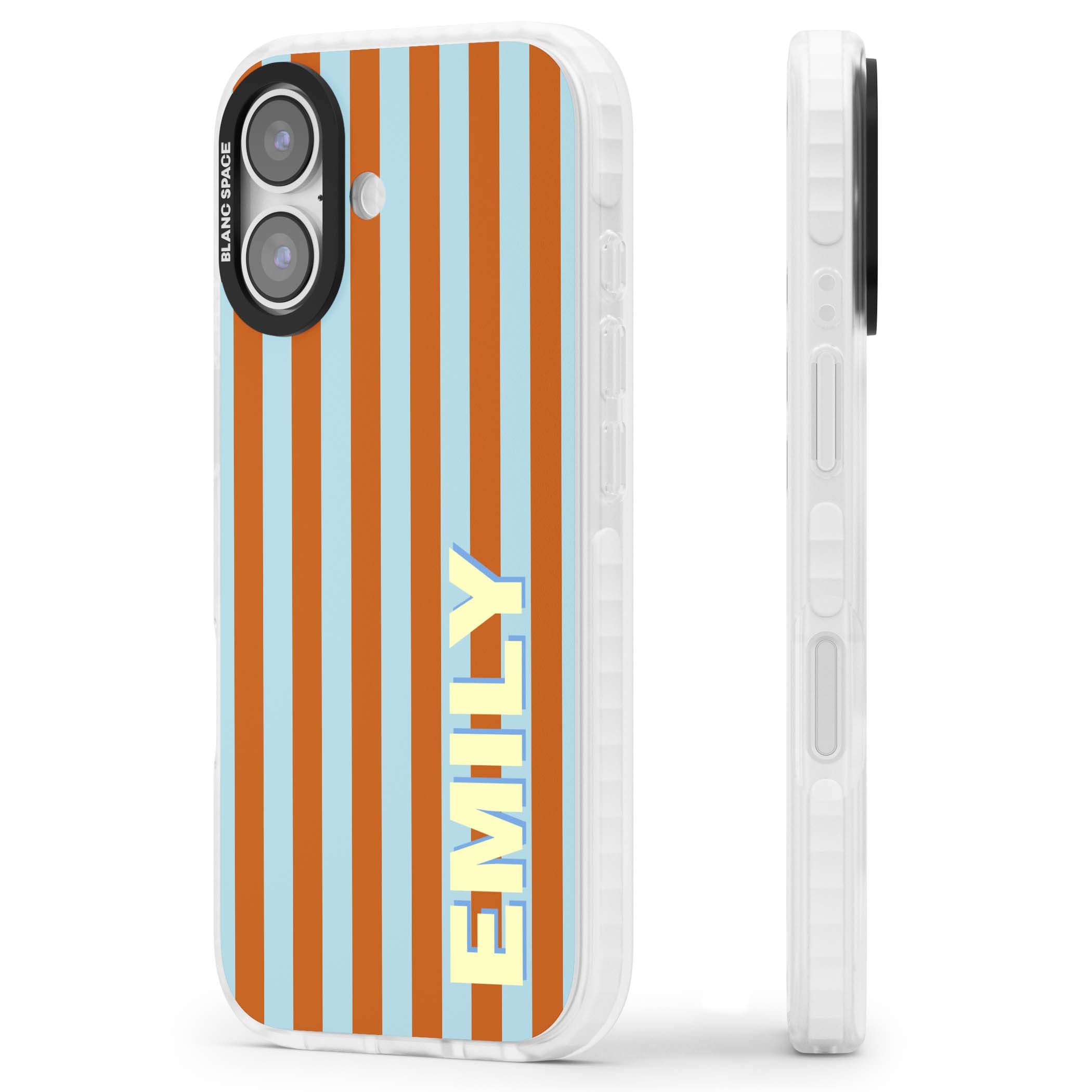 Cappadocia Stripe personalised coastal iPhone case featuring blue and orange vertical stripes with custom cream name | Impact Magsafe case for iPhone 17