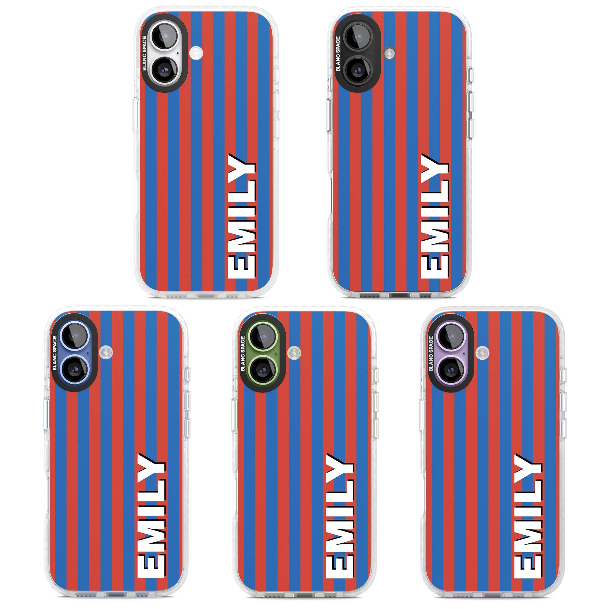 Cuban Stripe personalised iPhone case featuring red and blue vertical stripes with custom name in bold white letters | Impact Magsafe case for iPhone 17