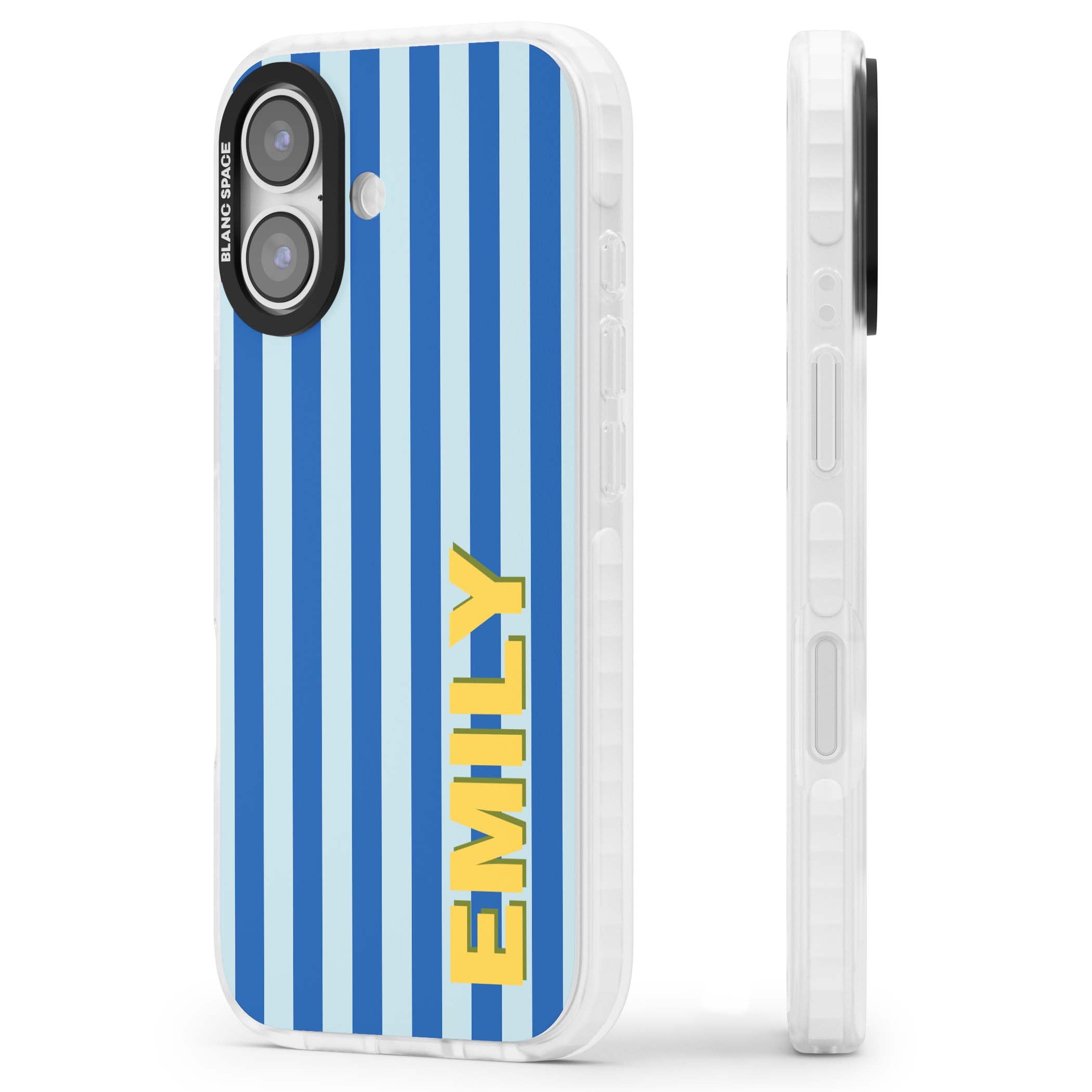 Athenian Stripe personalised preppy iPhone case featuring blue vertical stripes and a custom yellow name | Impact Magsafe case for iPhone 17
