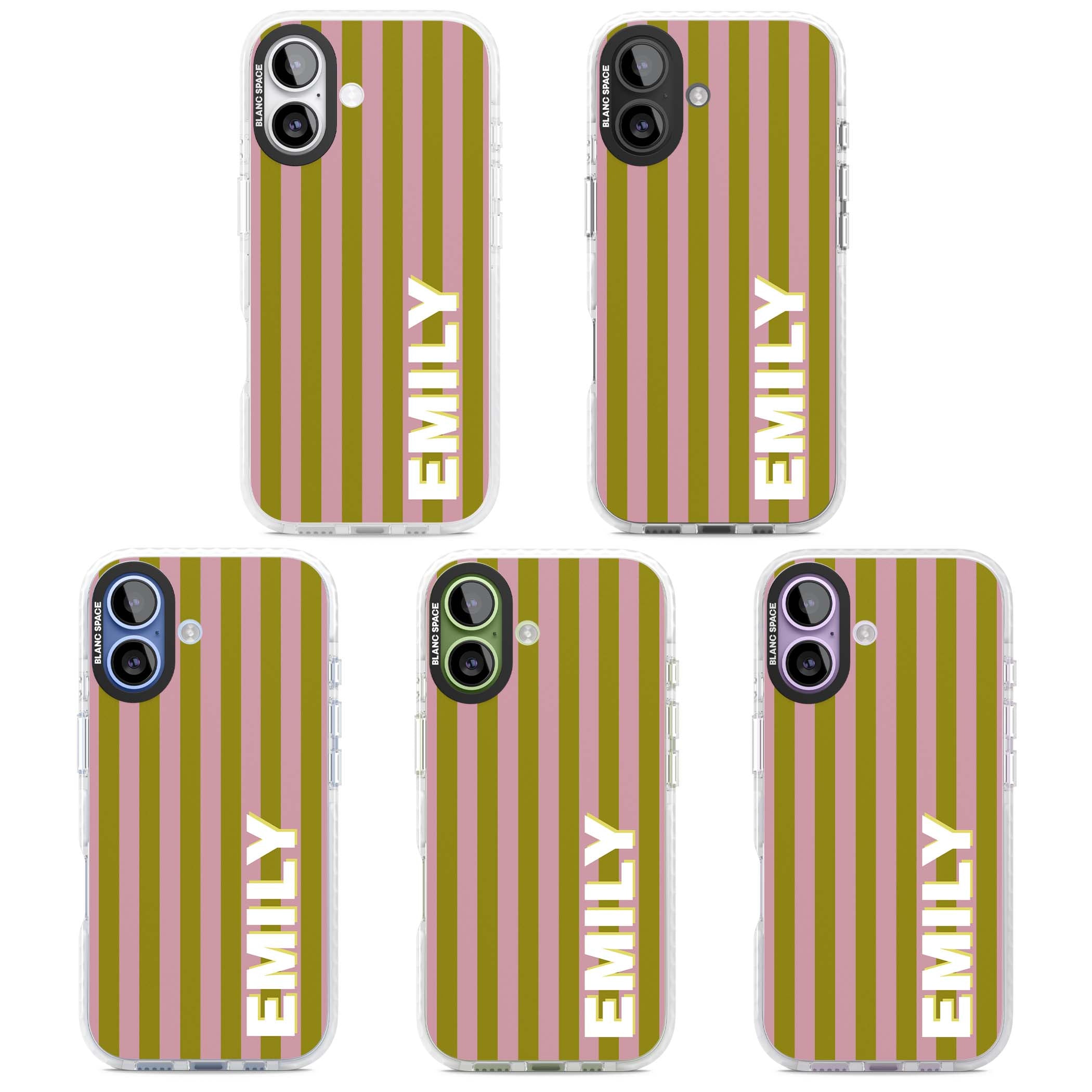 Istanbul Stripe personalised iPhone case featuring pink and olive green vertical stripes with a custom vertical name | Impact Magsafe case for iPhone 17