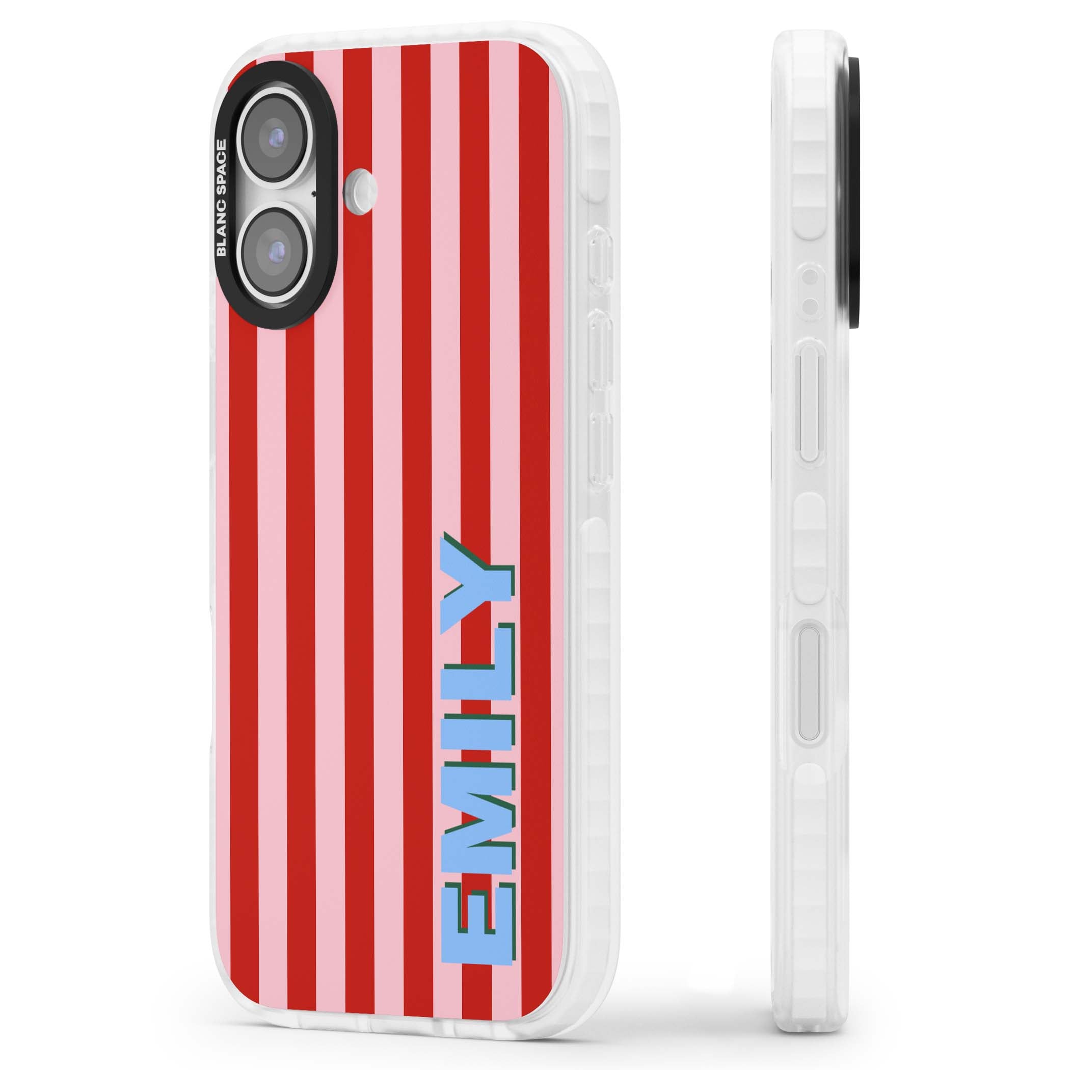 Market Stripe personalised iPhone case with red and pink vertical stripes and custom blue name | Impact Magsafe case for iPhone 17