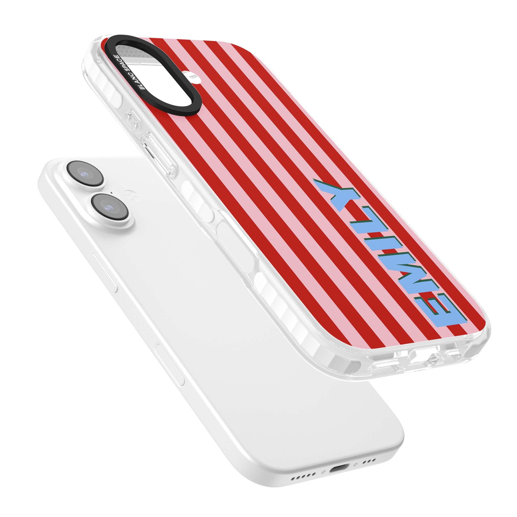 Market Stripe personalised iPhone case with red and pink vertical stripes and custom blue name | Impact Magsafe case for iPhone 17