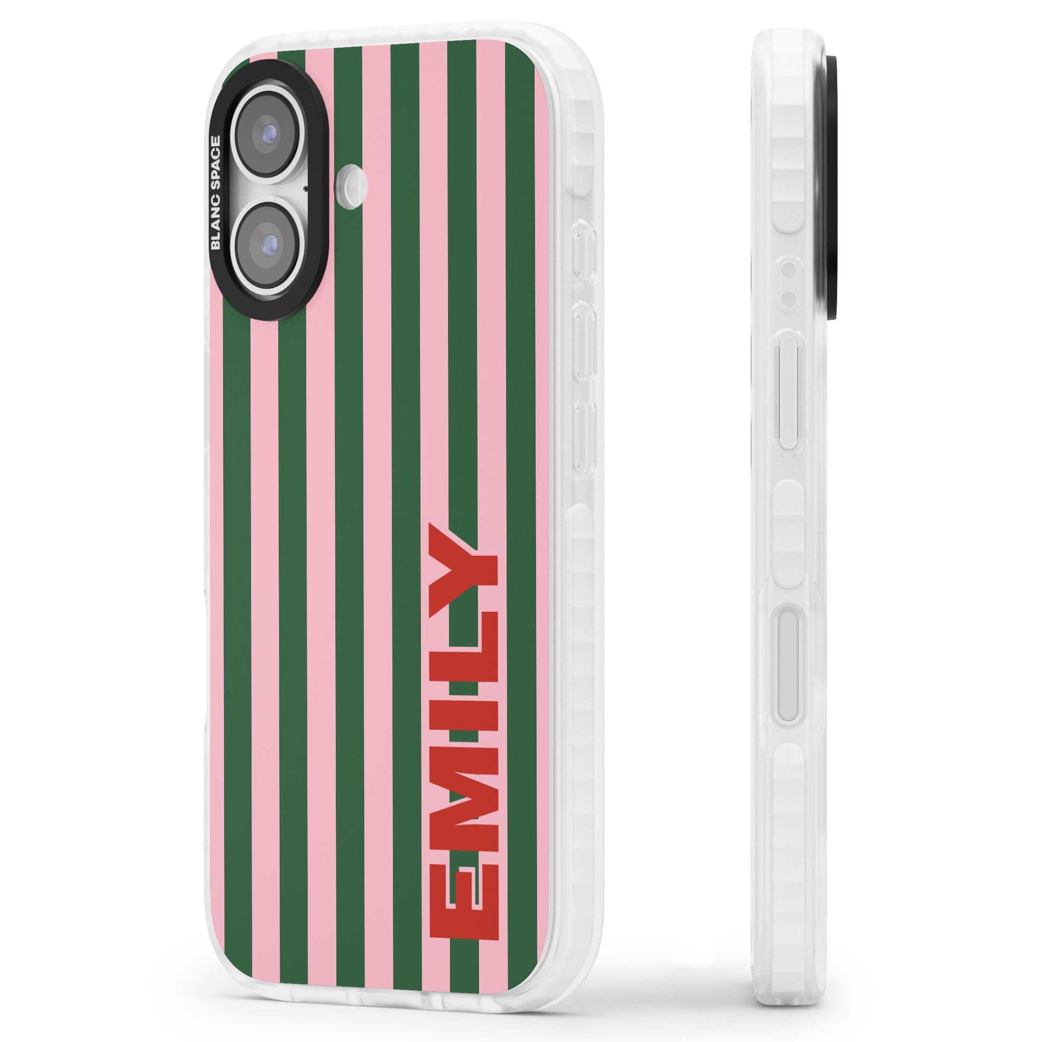 Italian Stripe preppy iPhone case featuring pink and green vertical stripes with personalised red name | Impact Magsafe case for iPhone 17