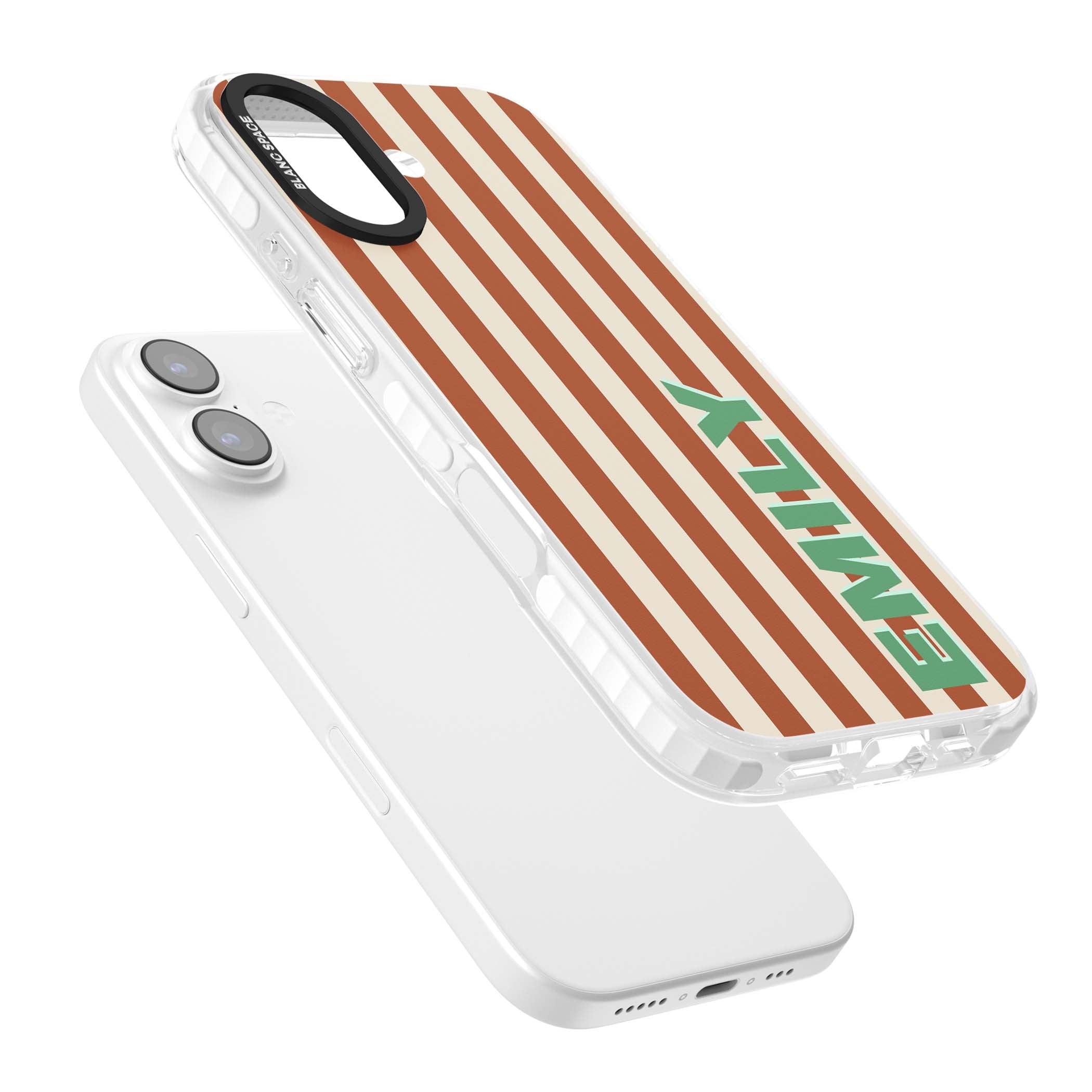 Dune Stripe personalised iPhone case with rust and cream vertical stripes and custom name in mint green | Impact Magsafe case for iPhone 17