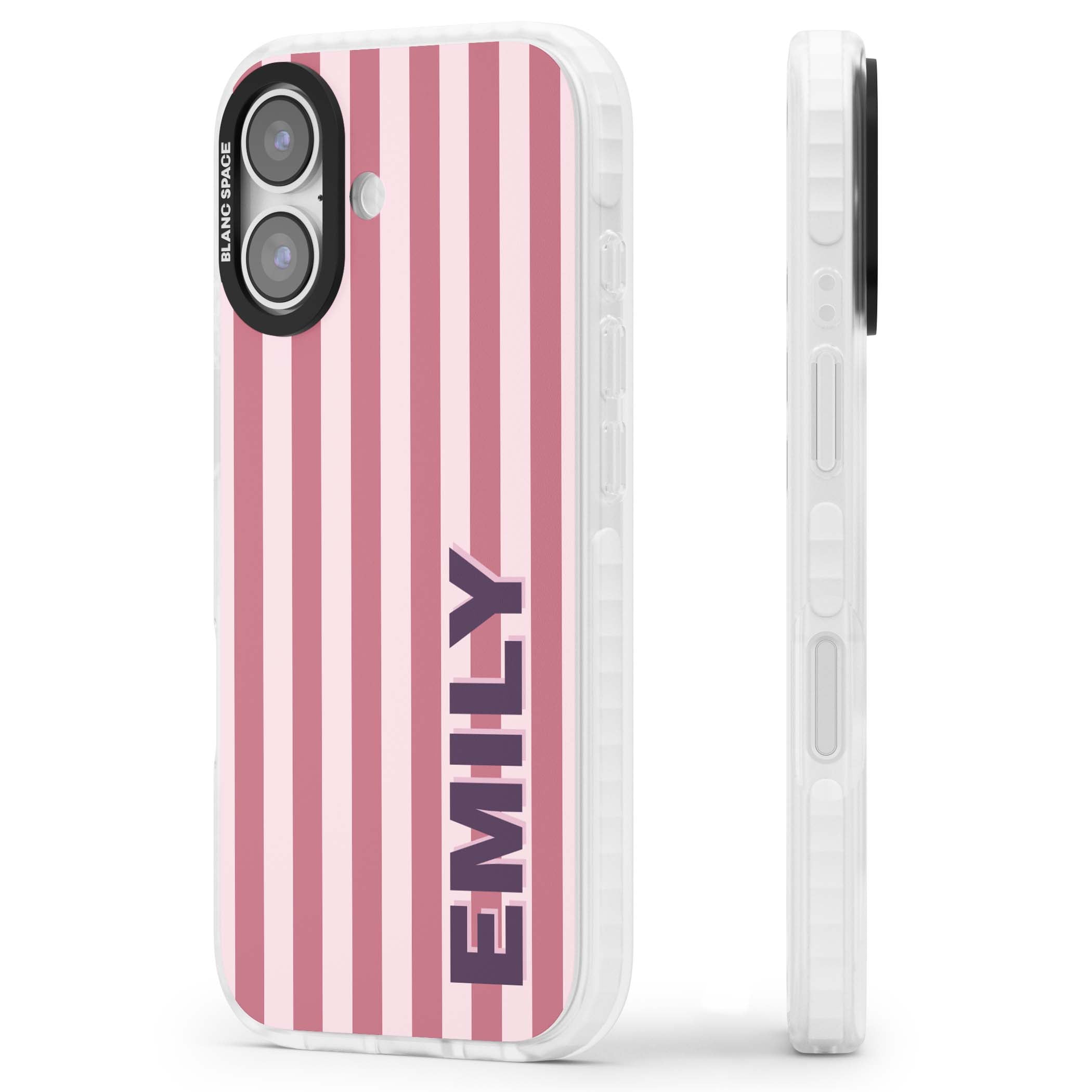 Victoria Stripe personalised iPhone case featuring pink vertical stripes and custom name in bold plum lettering | Impact Magsafe case for iPhone 17