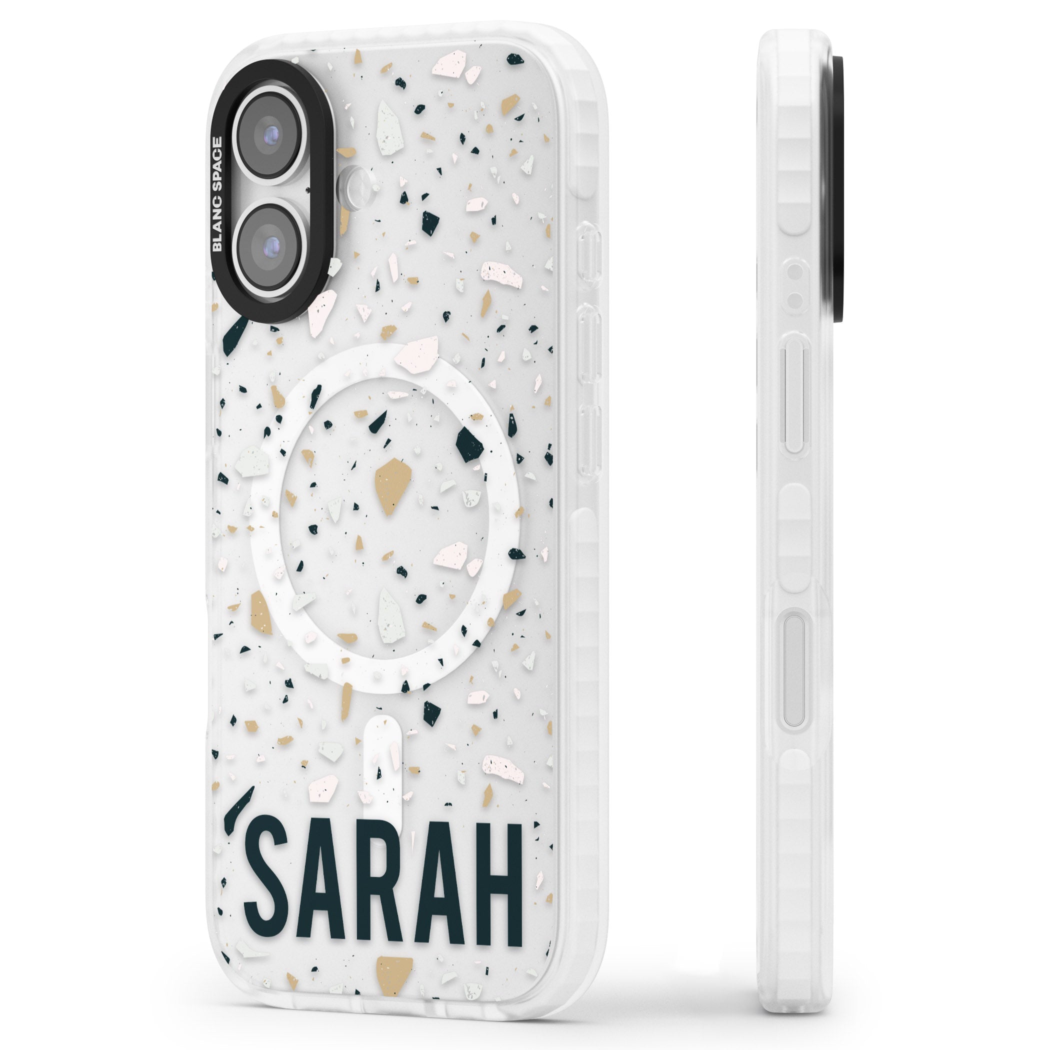 Personalised Terrazzo Blue, Pink, Brown iPhone 17 Impact Pro Clear Phone Case Side Profile