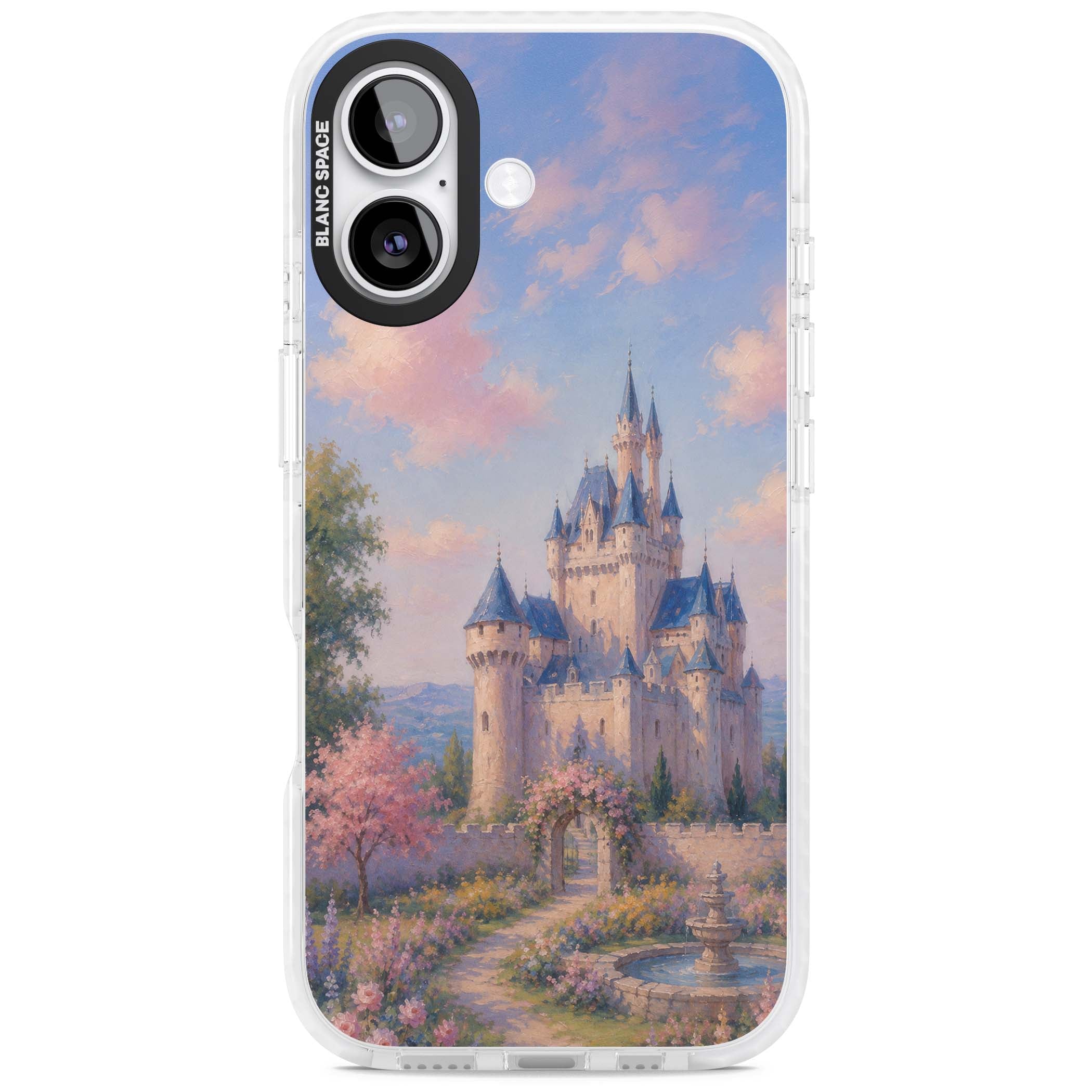 Enchanted Kingdom fairytale iPhone case featuring a romantic castle painting with cherry blossoms and pastel pink sky | Impact Magsafe case for iPhone 17