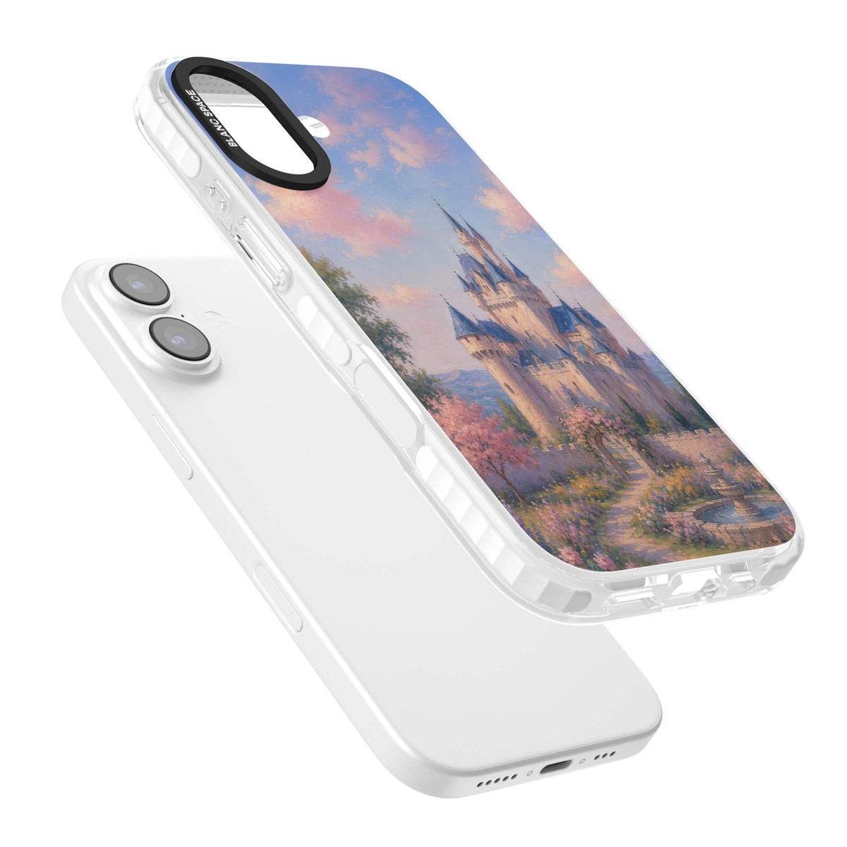 Enchanted Kingdom fairytale iPhone case featuring a romantic castle painting with cherry blossoms and pastel pink sky | Impact Magsafe case for iPhone 17