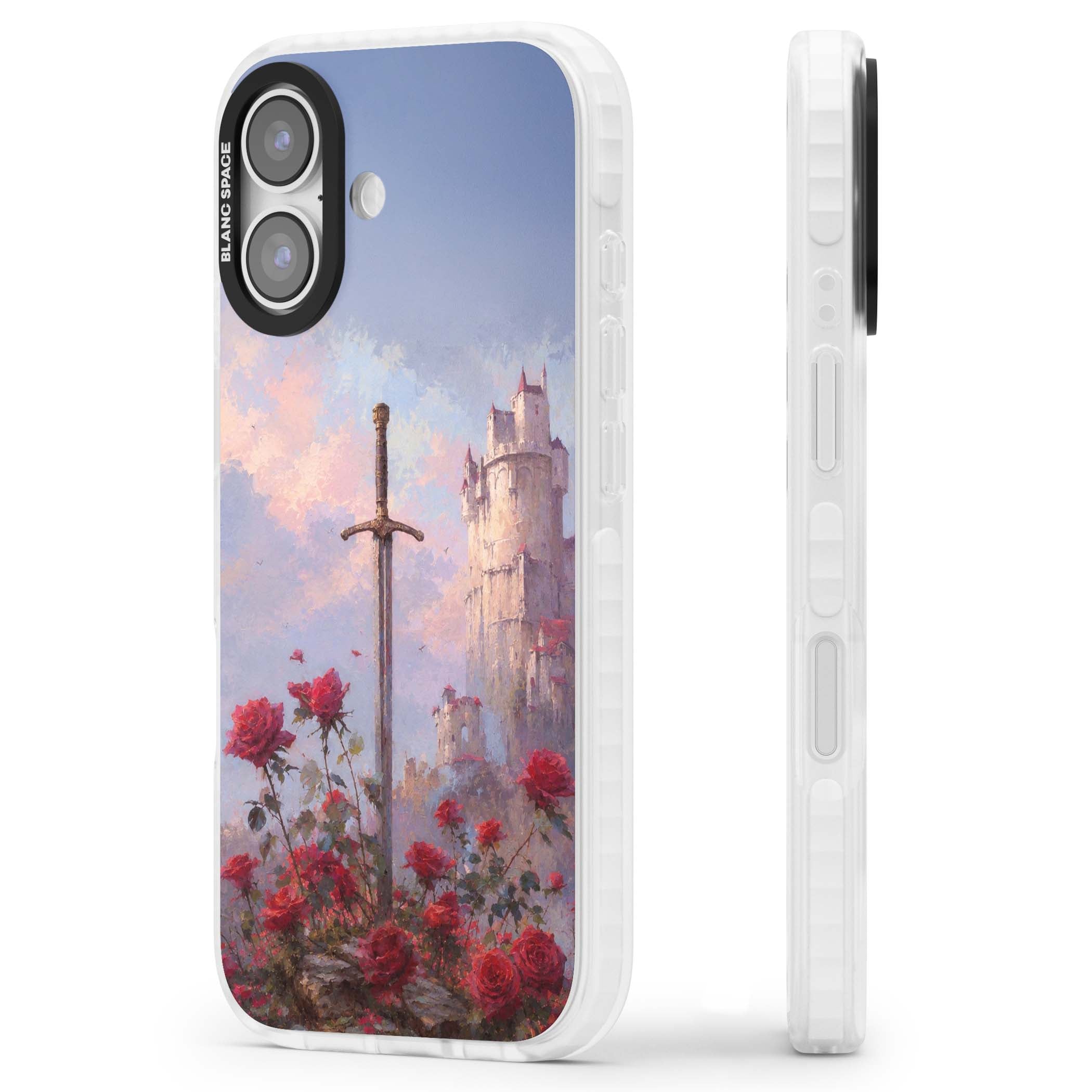 Sword in Roses medieval art iPhone case featuring a sword, red roses, and a misty fairytale castle at sunset | Impact Magsafe case for iPhone 17