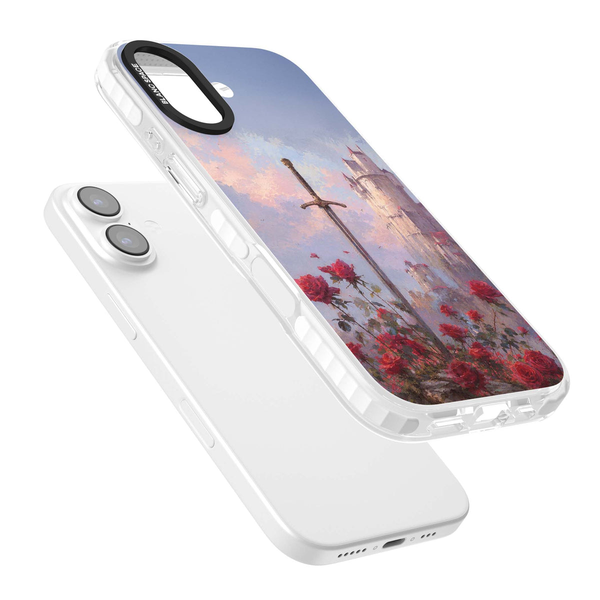 Sword in Roses medieval art iPhone case featuring a sword, red roses, and a misty fairytale castle at sunset | Impact Magsafe case for iPhone 17