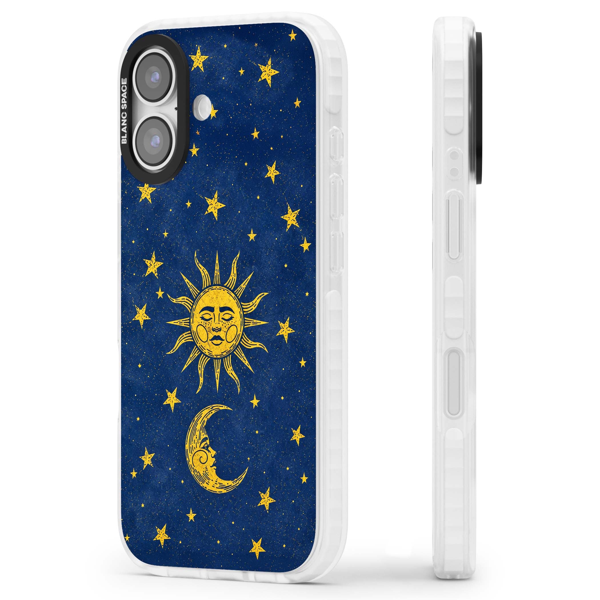 Sun & Moon Reverie celestial iPhone case featuring a vintage golden sun, crescent moon and scattered stars on midnight blue | Impact Magsafe case for iPhone 17