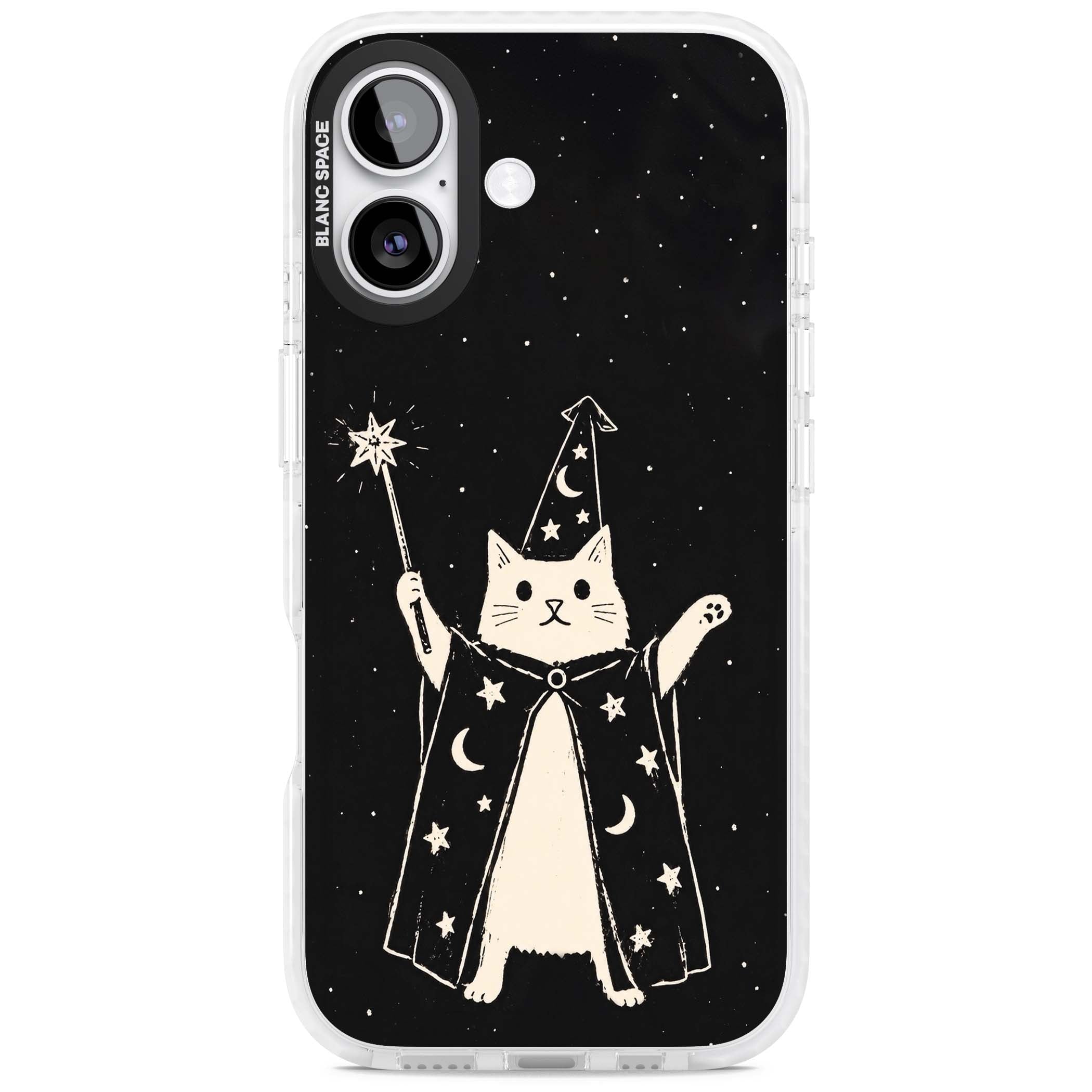 Whisker Wizard celestial cat iPhone case featuring a wizard cat with magic wand, starry night sky and crescent moons | Impact Magsafe case for iPhone 17