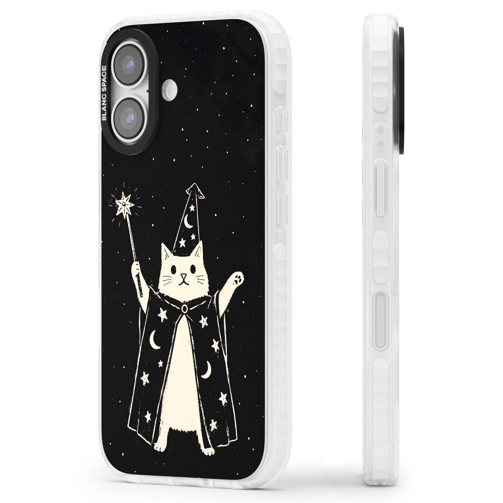 Whisker Wizard celestial cat iPhone case featuring a wizard cat with magic wand, starry night sky and crescent moons | Impact Magsafe case for iPhone 17