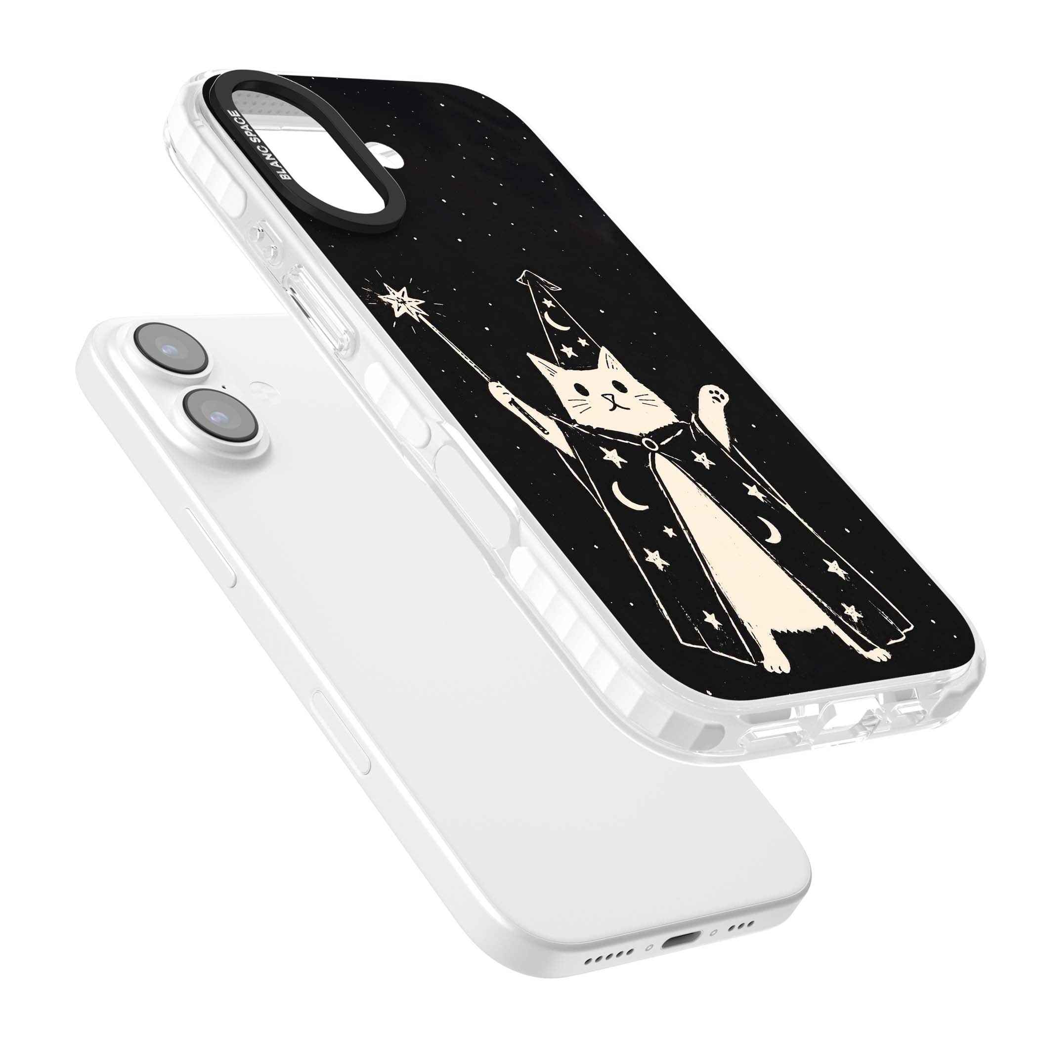 Whisker Wizard celestial cat iPhone case featuring a wizard cat with magic wand, starry night sky and crescent moons | Impact Magsafe case for iPhone 17