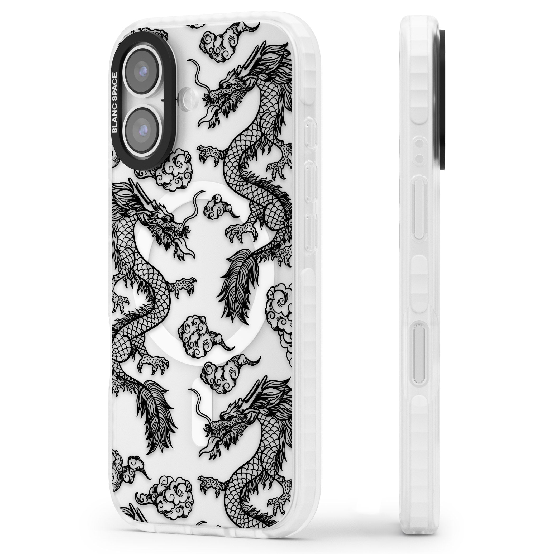 Black Dragon Pattern iPhone 17 Impact Pro Clear Phone Case Side Profile