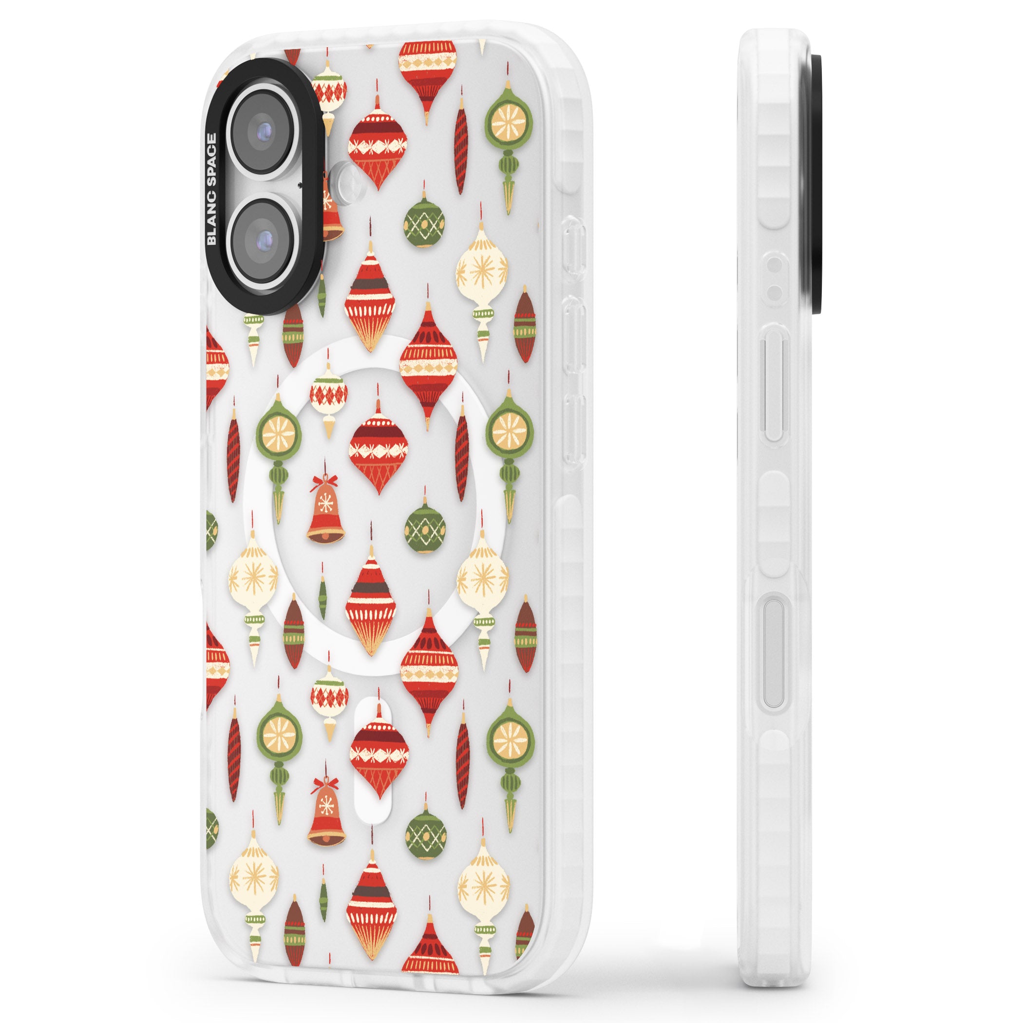 Christmas Baubles Pattern iPhone 17 Impact Pro Clear Phone Case Side Profile
