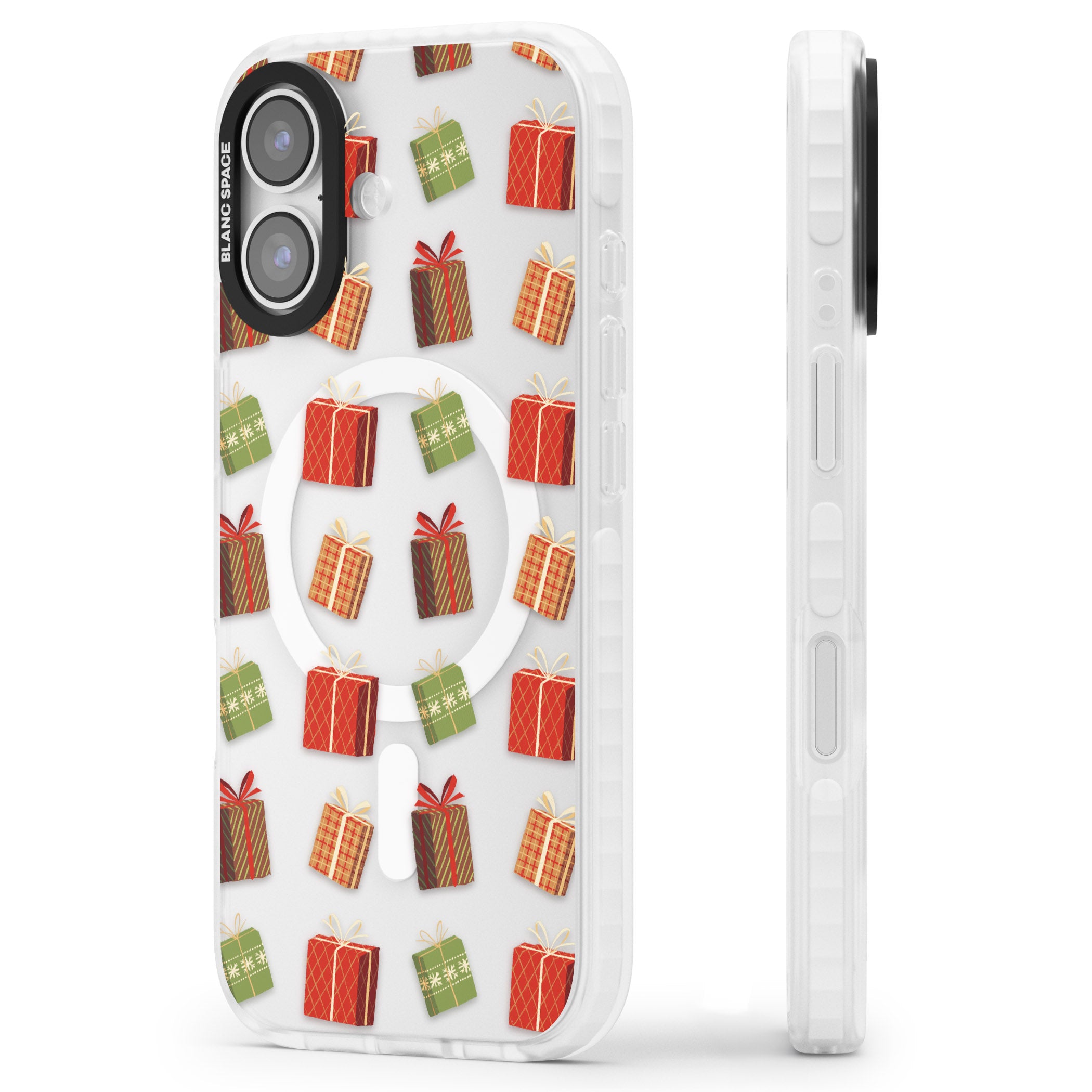 Christmas Presents Pattern iPhone 17 Impact Pro Clear Phone Case Side Profile