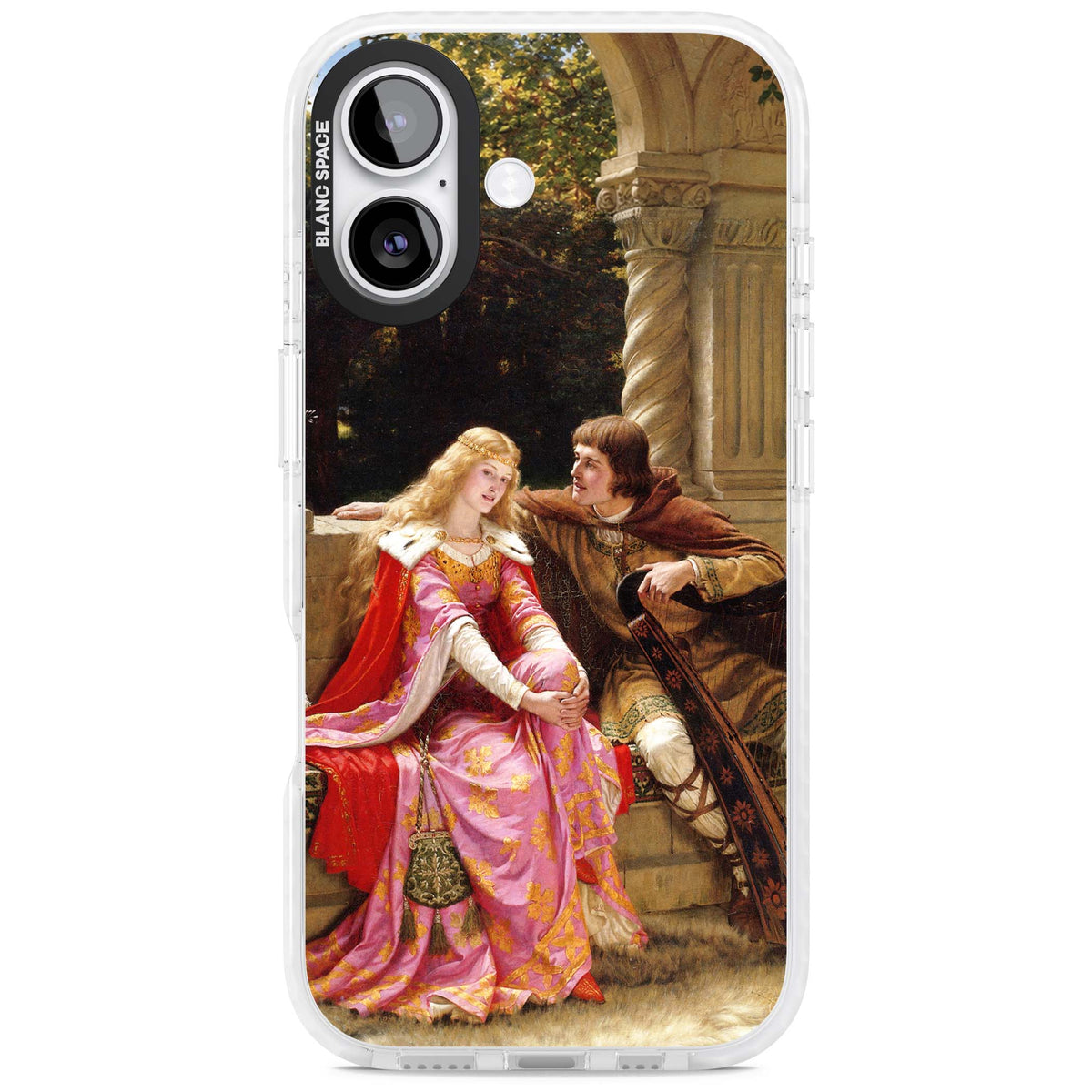 The End of the Song classic art iPhone case featuring a medieval lady in pink gown and her knight in a stone archway | Impact Magsafe case for iPhone 17