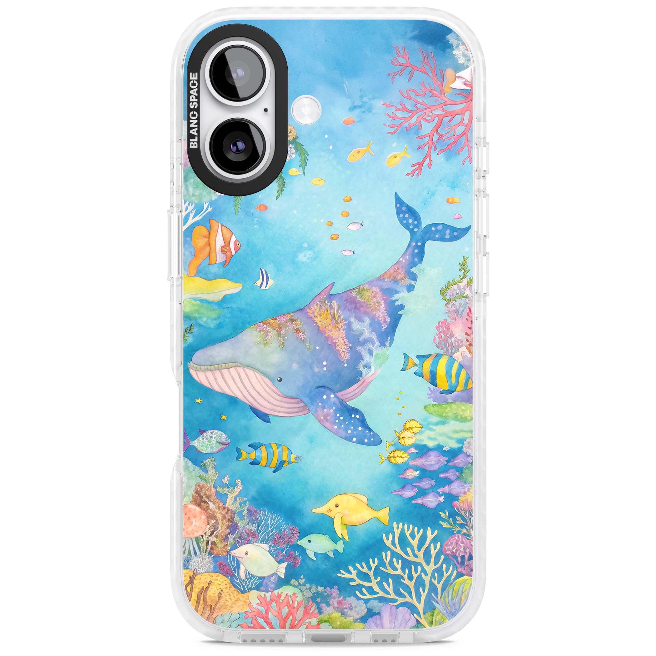 Coral Lagoon ocean iPhone case featuring a watercolour whale, coral reef and tropical fish | Impact Magsafe case for iPhone 17