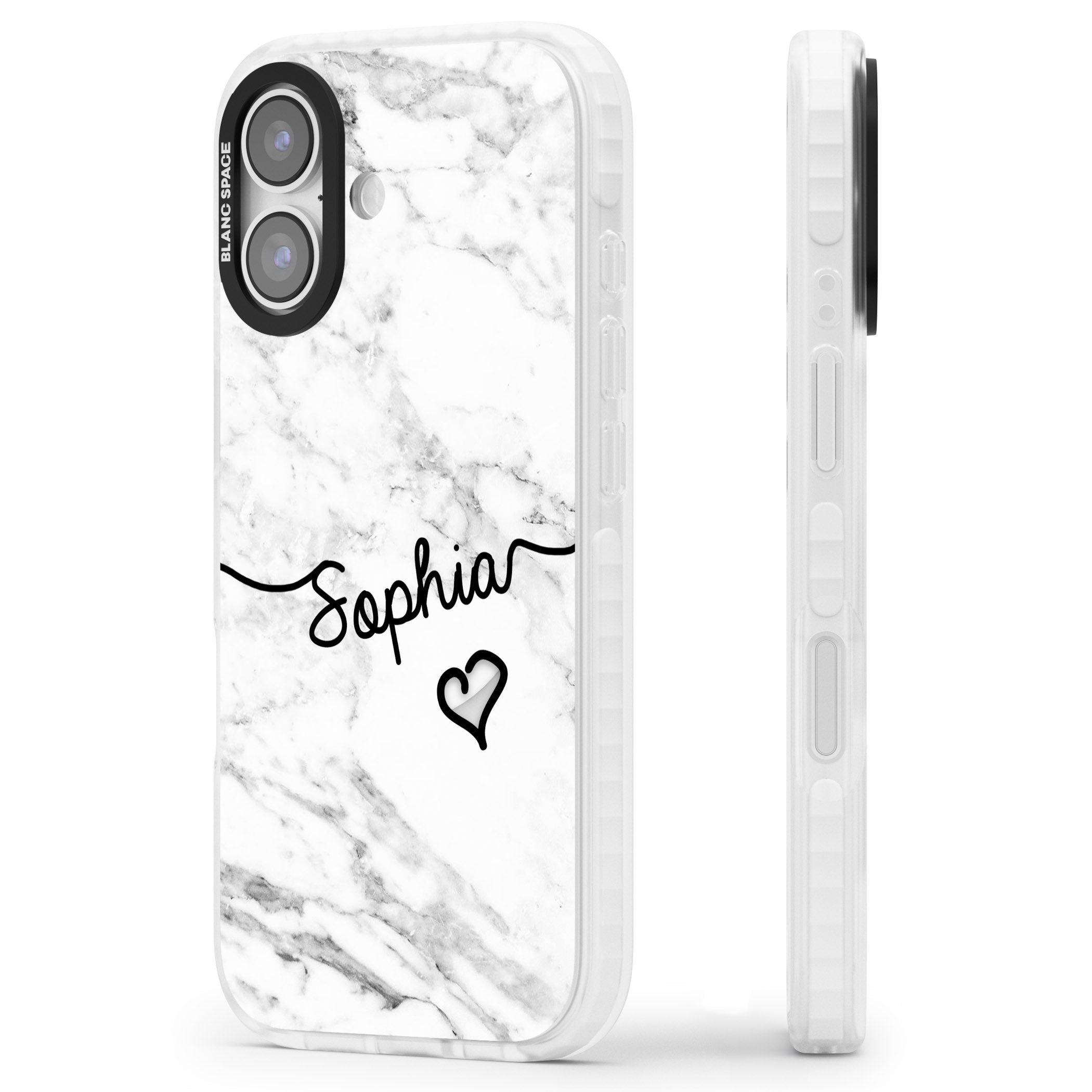 Personalised White Marble Heart iPhone 17 Impact Pro Clear Phone Case Side Profile
