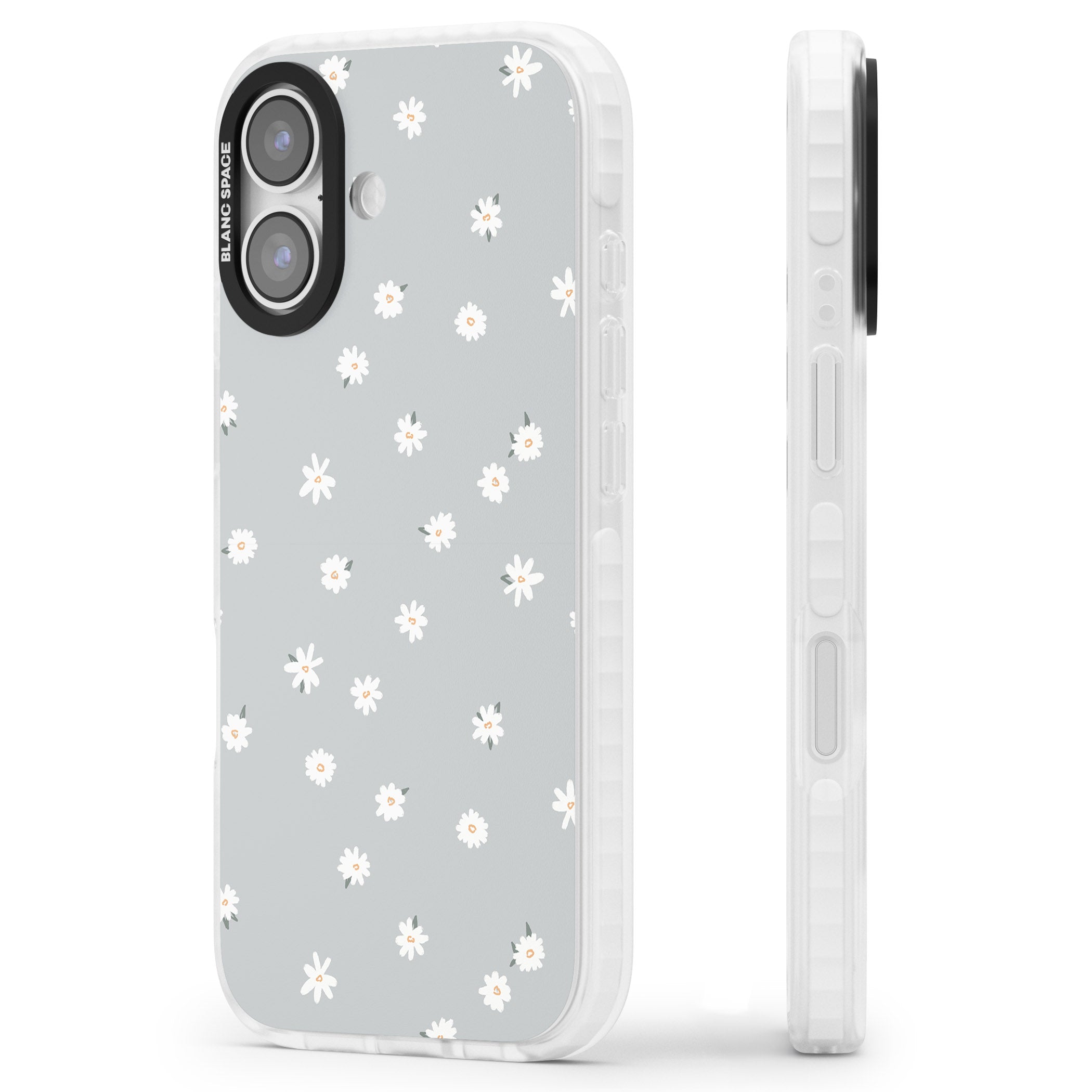 Painted Daisy Blue Grey iPhone 17 Impact Pro Clear Phone Case Side Profile