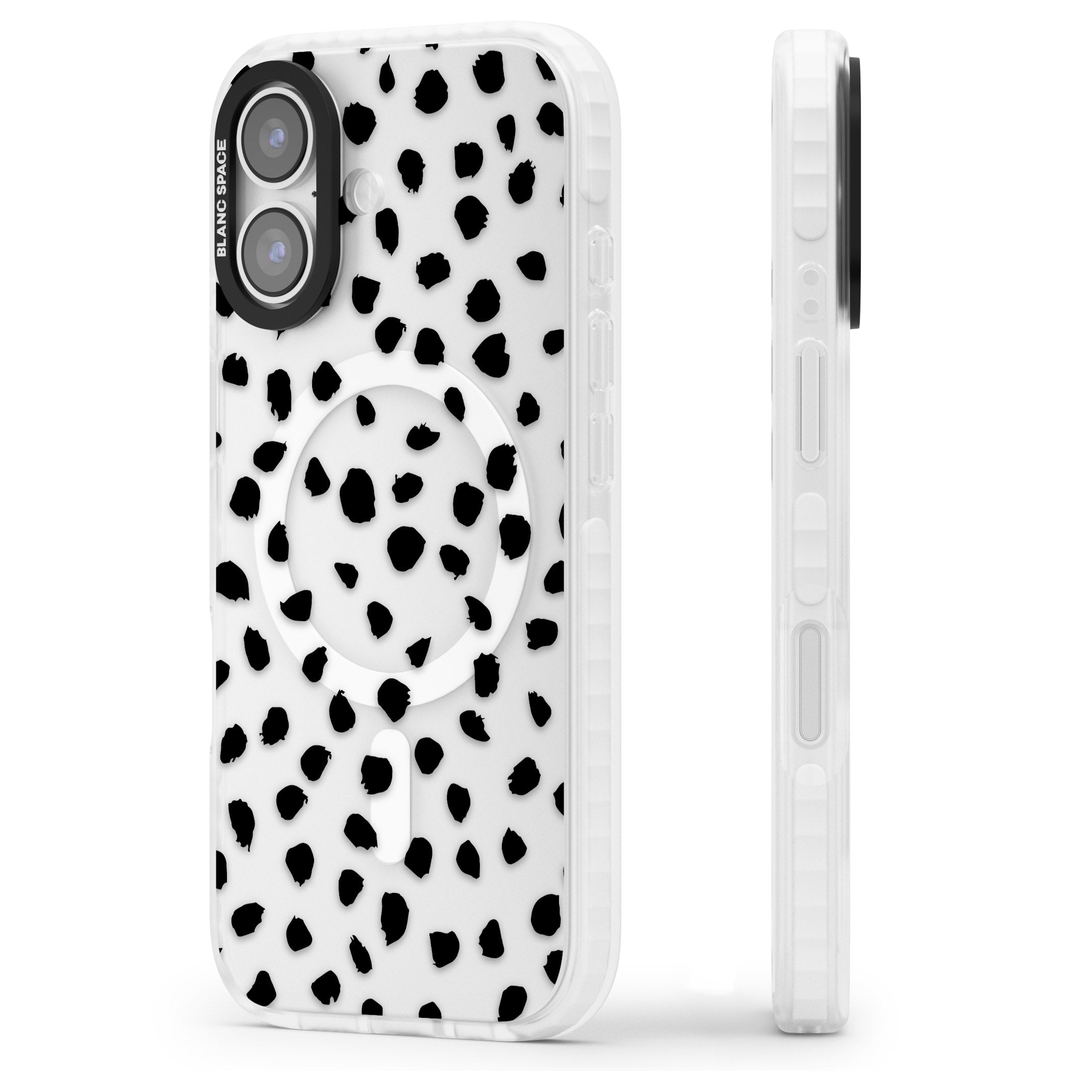 Black Dalmatian Polka Dot iPhone 17 Impact Pro Clear Phone Case Side Profile