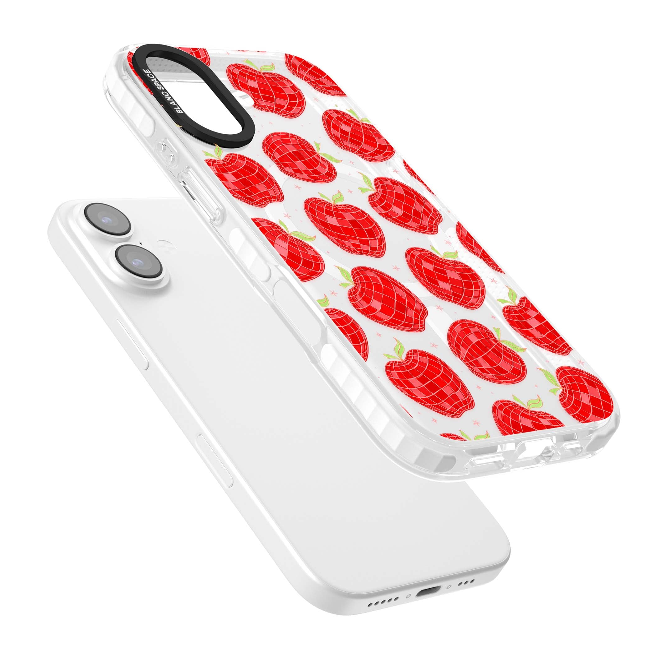 Disco Apples Y2K iPhone case featuring red disco ball apples, green leaves and pink sparkles on clear | Impact Magsafe case for iPhone 17