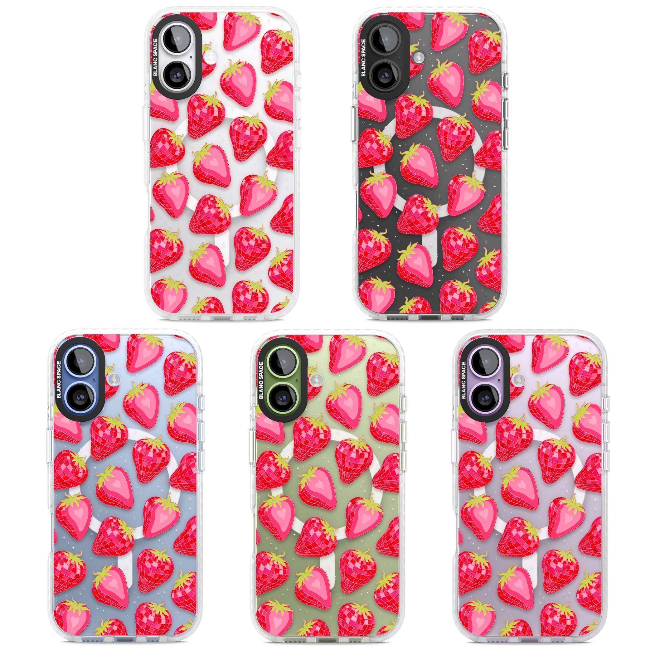 Disco Strawberry Y2K iPhone case featuring pink disco-ball strawberries, green leaves and tiny sparkles | Impact Magsafe case for iPhone 17