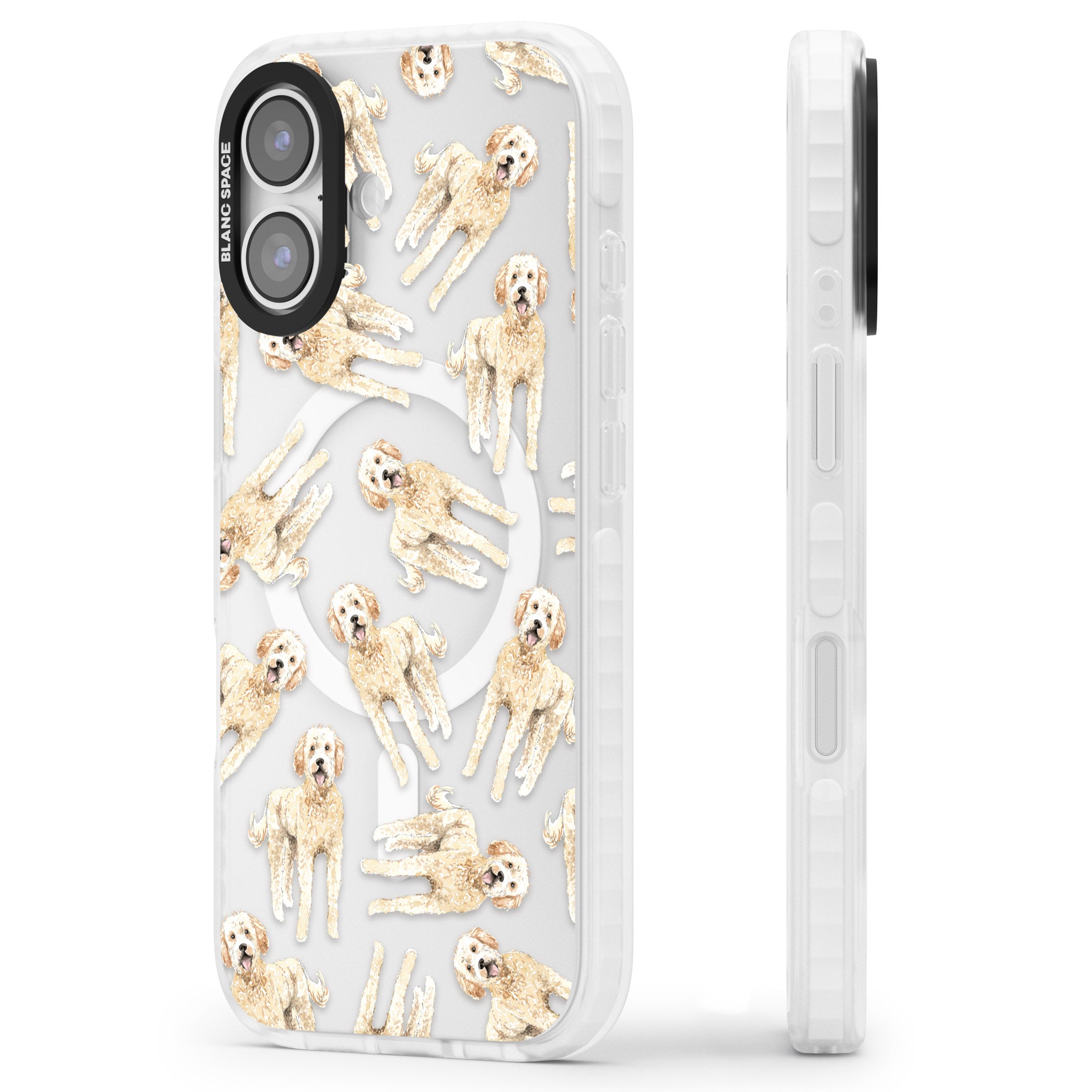 Goldendoodle Watercolour Dog Pattern iPhone 17 Impact Pro Clear Phone Case Side Profile