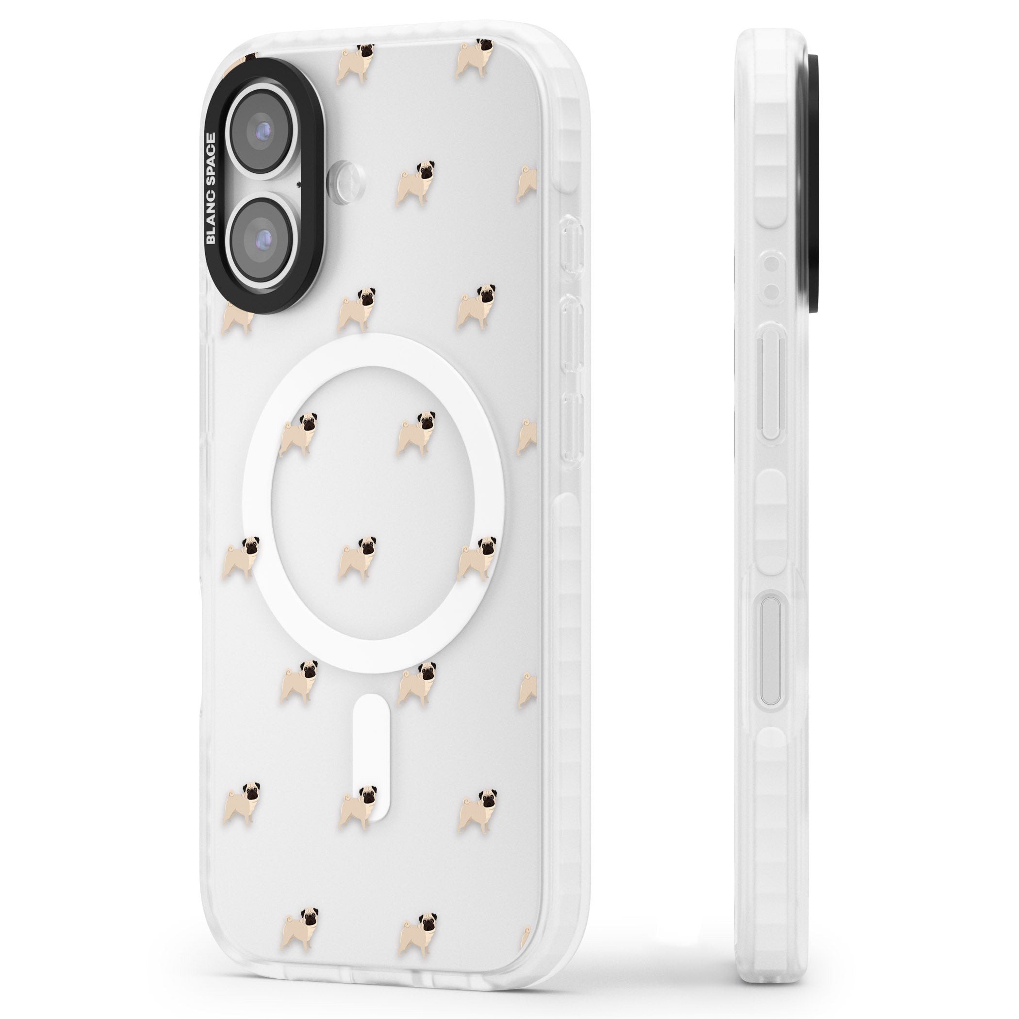 Pug Pattern iPhone 17 Impact Pro Clear Phone Case Side Profile