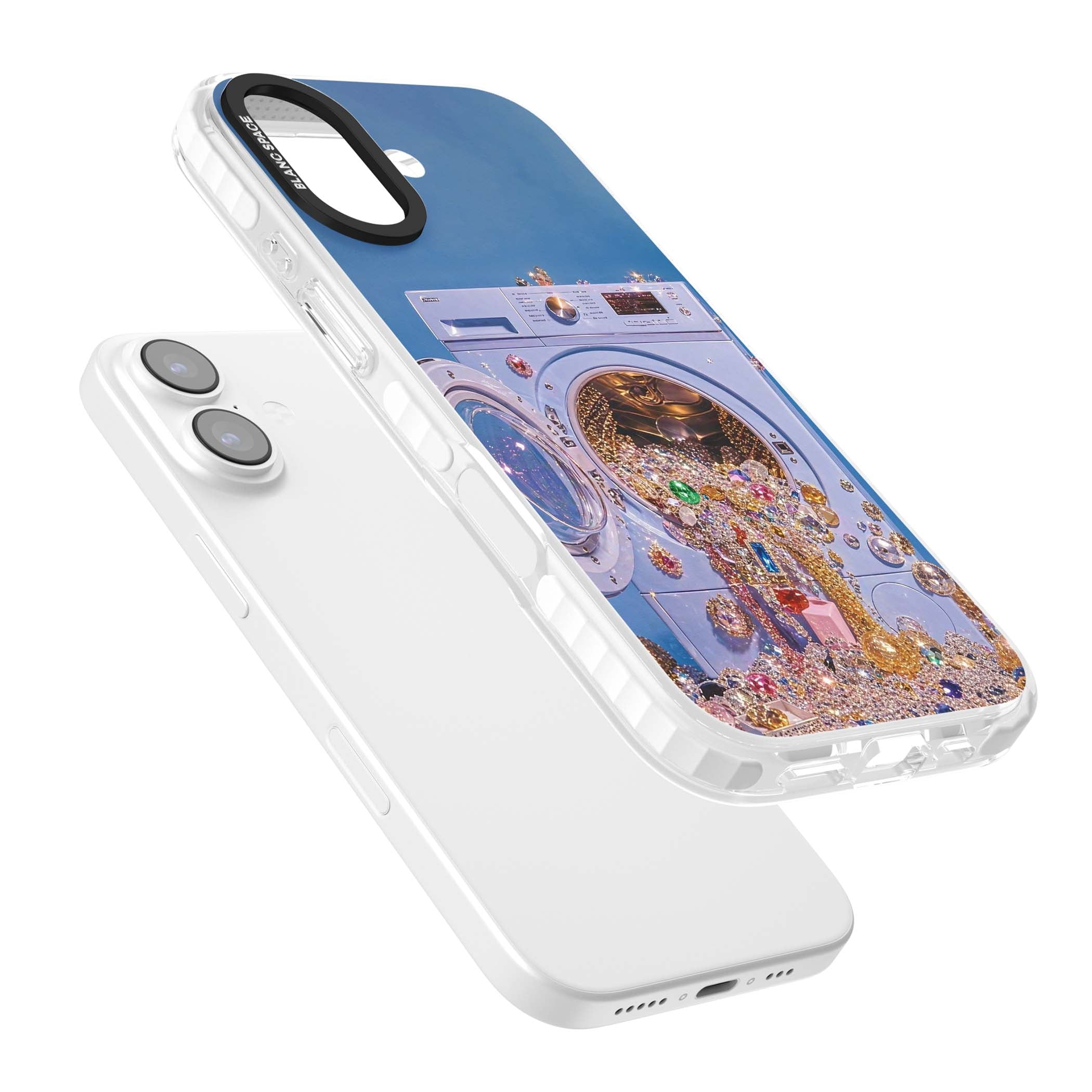 Gem Laundry baddie iPhone case featuring a surreal washing machine overflowing with colourful gemstones and crystals | Impact Magsafe case for iPhone 17