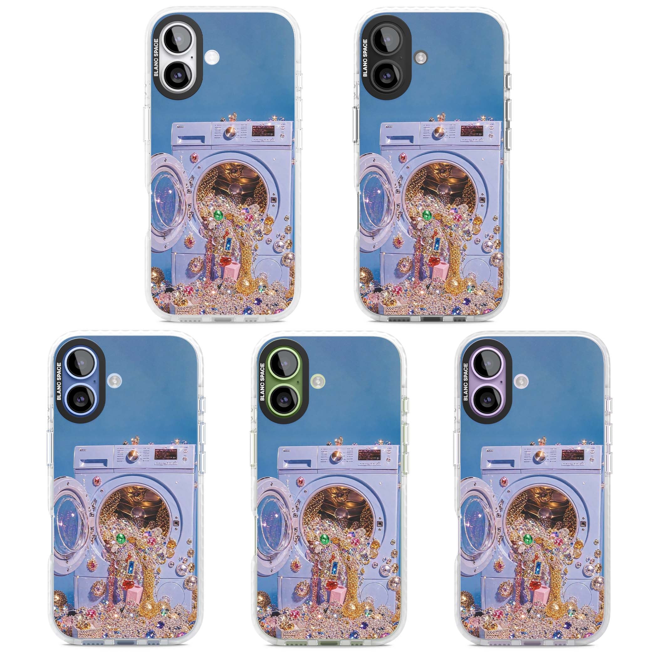 Gem Laundry baddie iPhone case featuring a surreal washing machine overflowing with colourful gemstones and crystals | Impact Magsafe case for iPhone 17